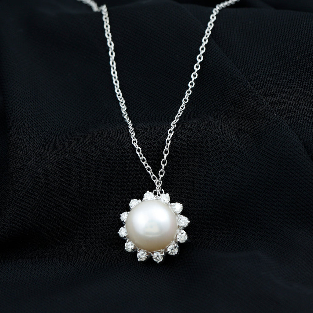 Freshwater Pearl and Moissanite Flower Chain Necklace