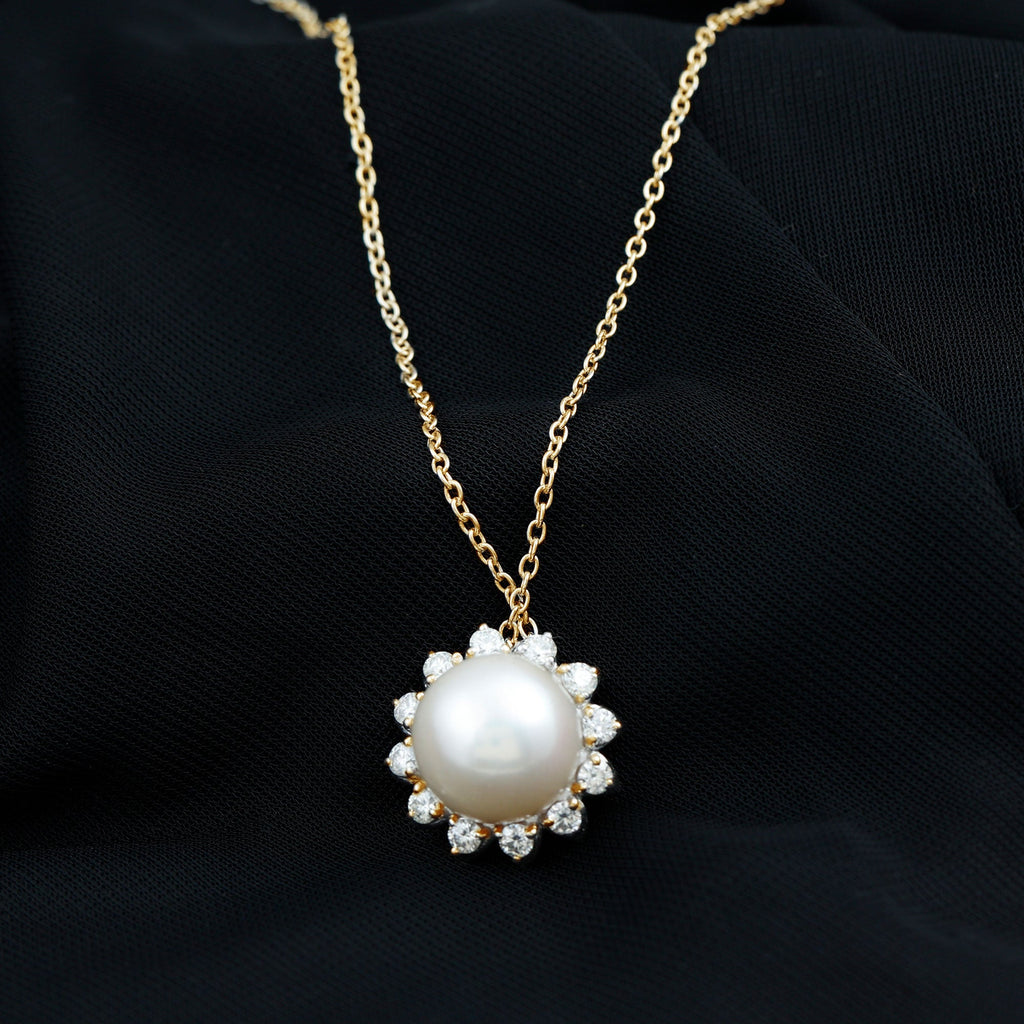 Freshwater Pearl and Moissanite Flower Chain Necklace