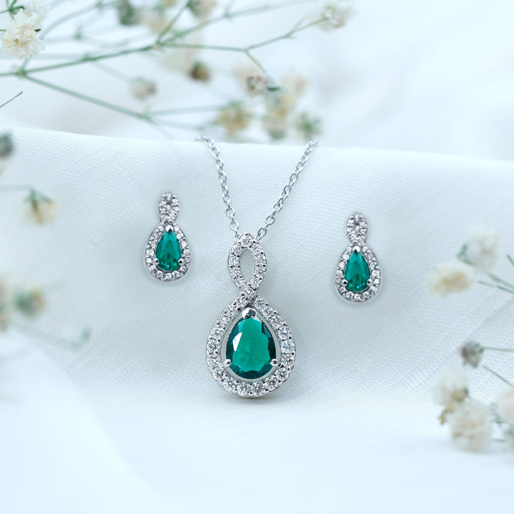 Pear Shaped Lab Created Emerald and Diamond Infinity Jewelry Set