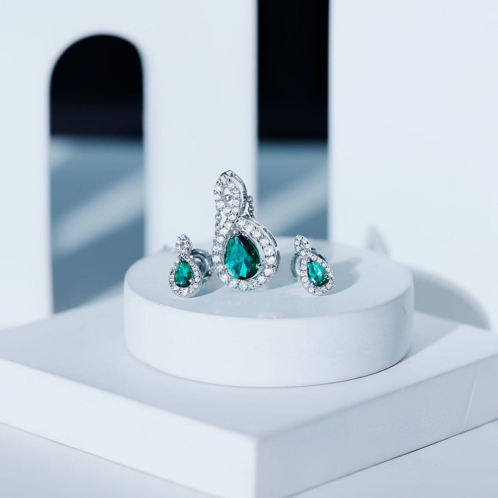 Pear Shaped Lab Created Emerald and Diamond Infinity Jewelry Set