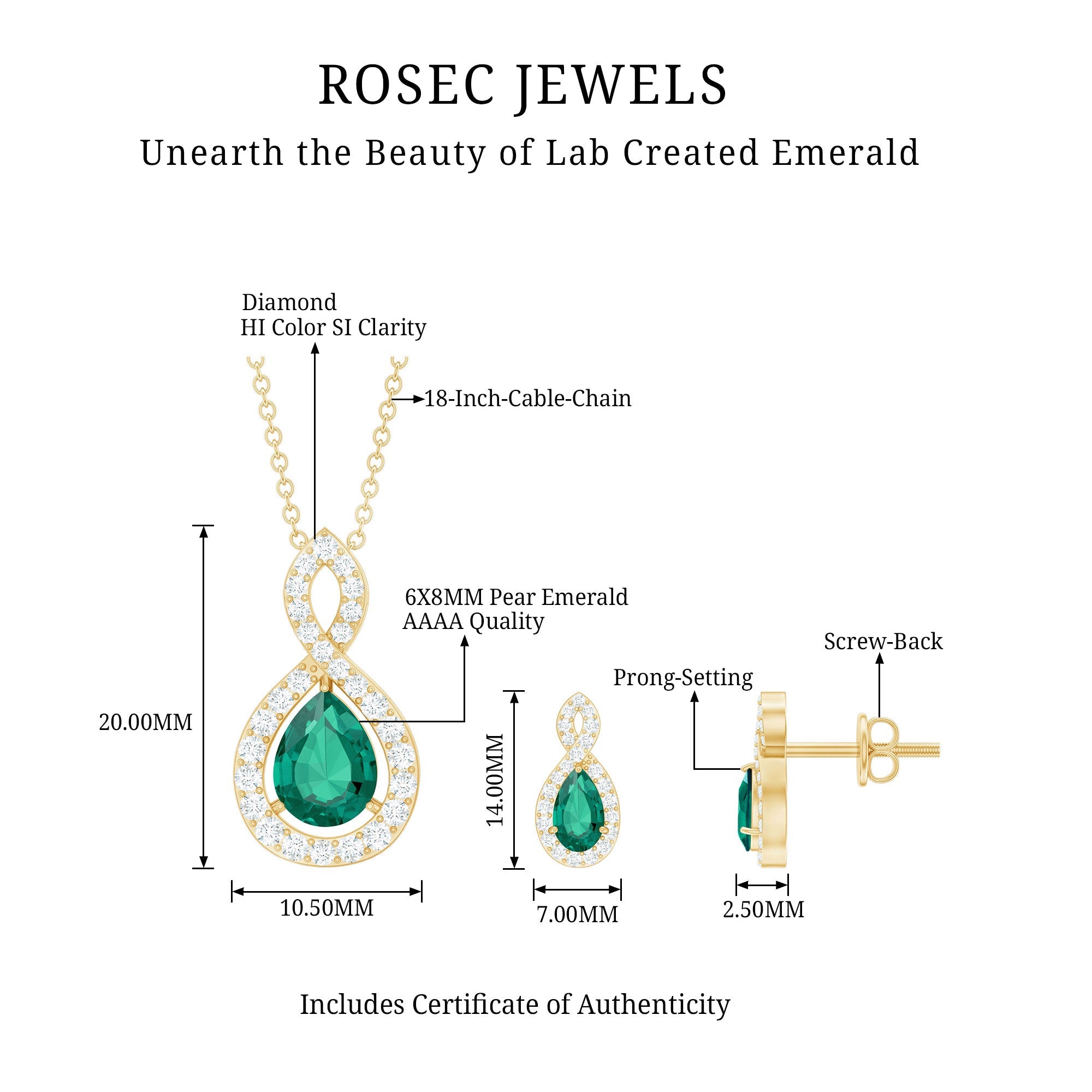 Pear Shaped Lab Created Emerald and Diamond Infinity Jewelry Set