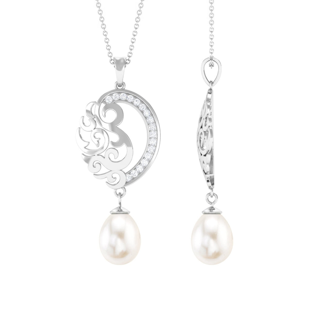 Freshwater Pearl Art Deco Drop Pendant with Diamond