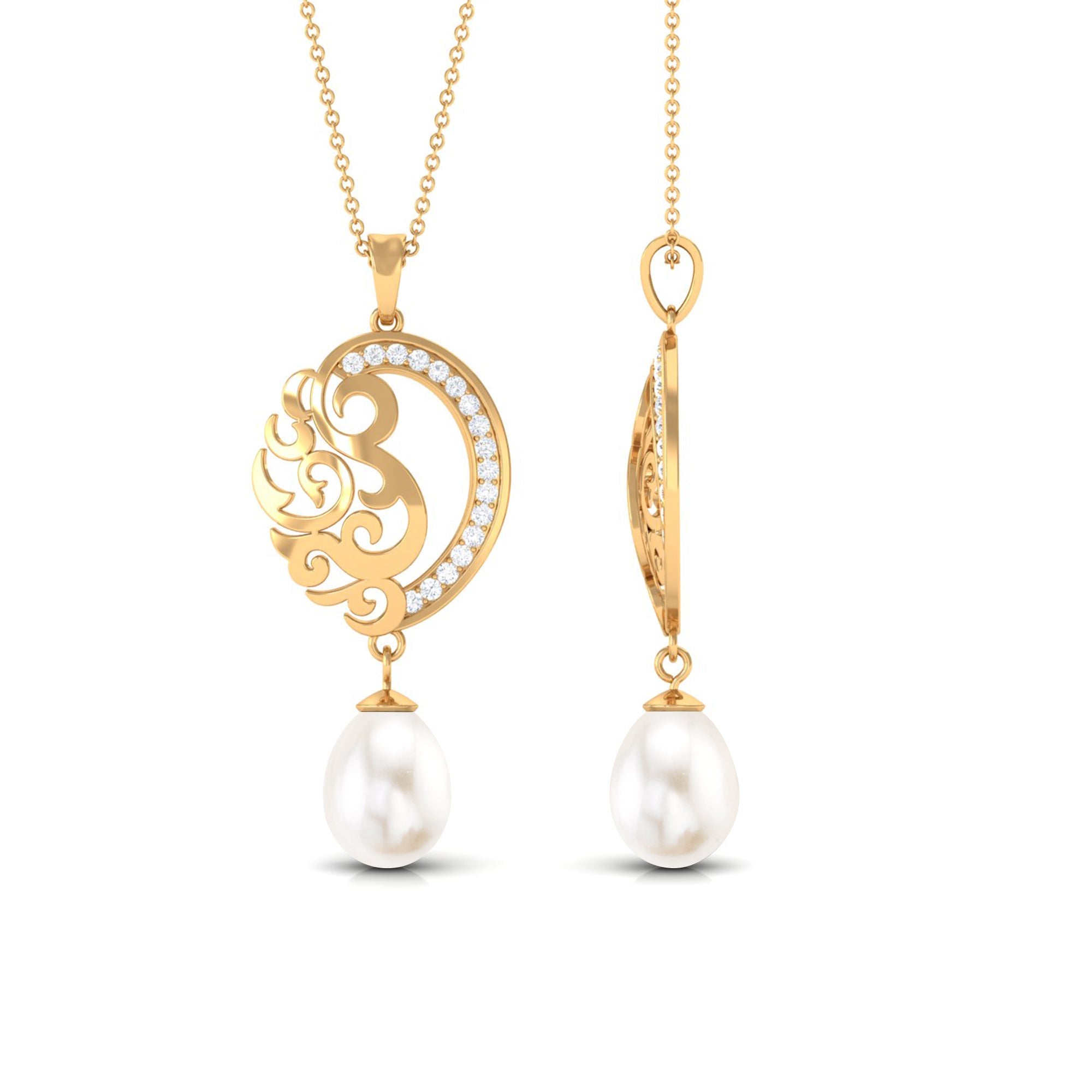 Freshwater Pearl Art Deco Drop Pendant with Diamond