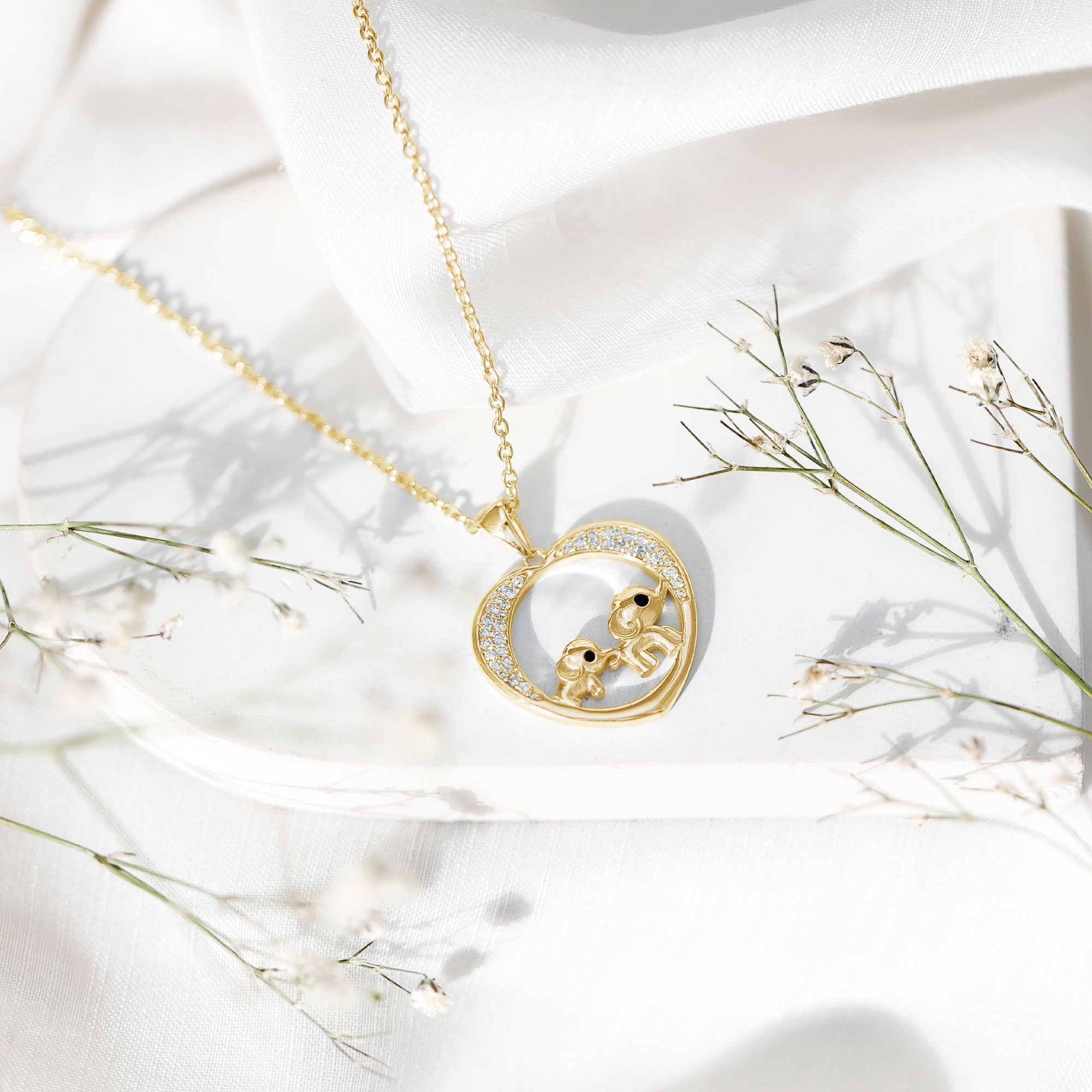 Diamond Elephant Mother Child Necklace