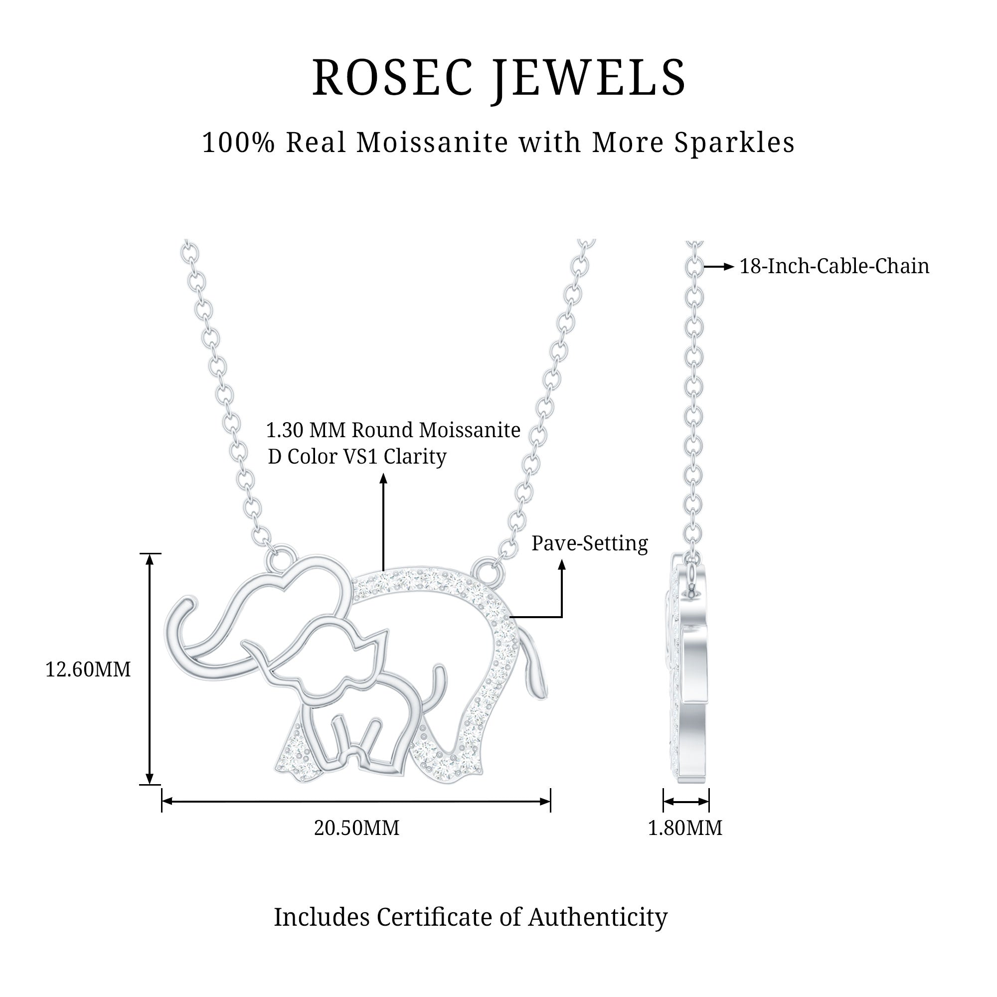 Cute Mother and Baby Elephant Necklace with Moissanite
