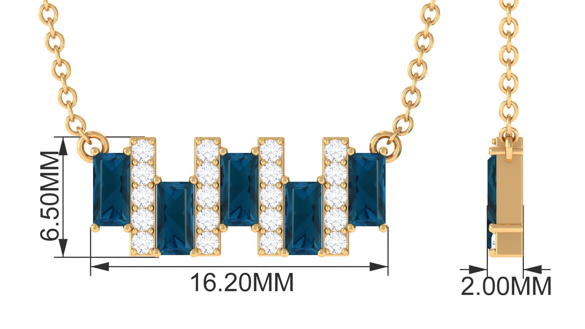 Baguette Cut London Blue Topaz and Diamond Bar Necklace
