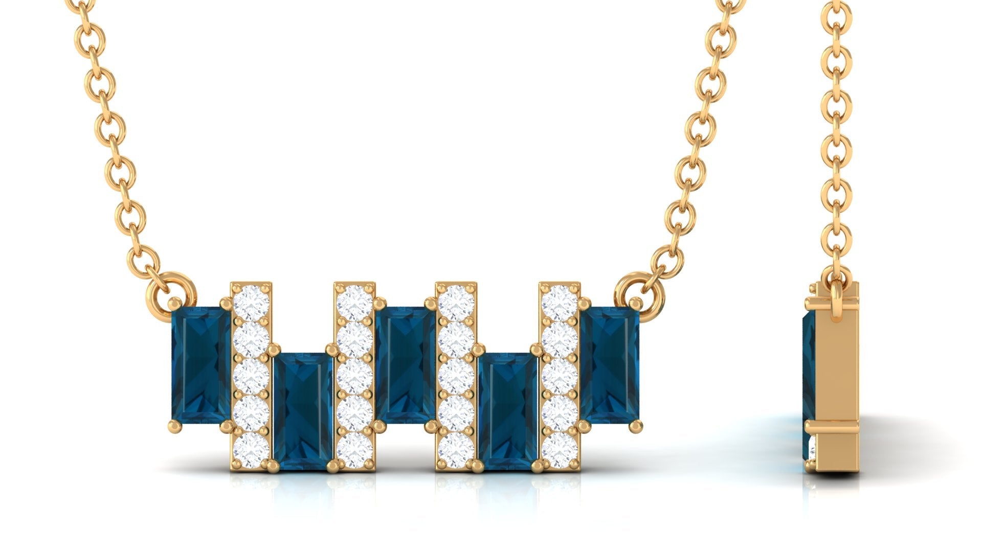 Baguette Cut London Blue Topaz and Diamond Bar Necklace