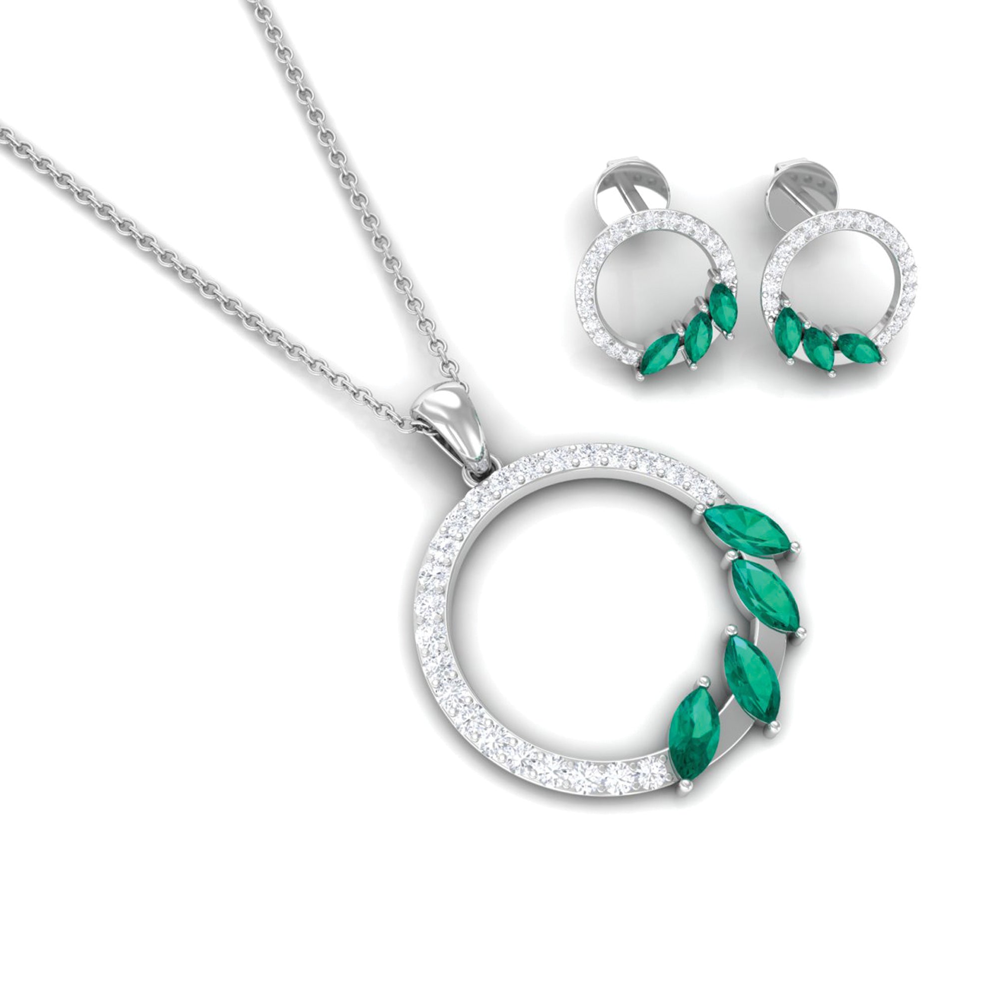 Natural Emerald Circle Necklace and Earrings Set with Diamond