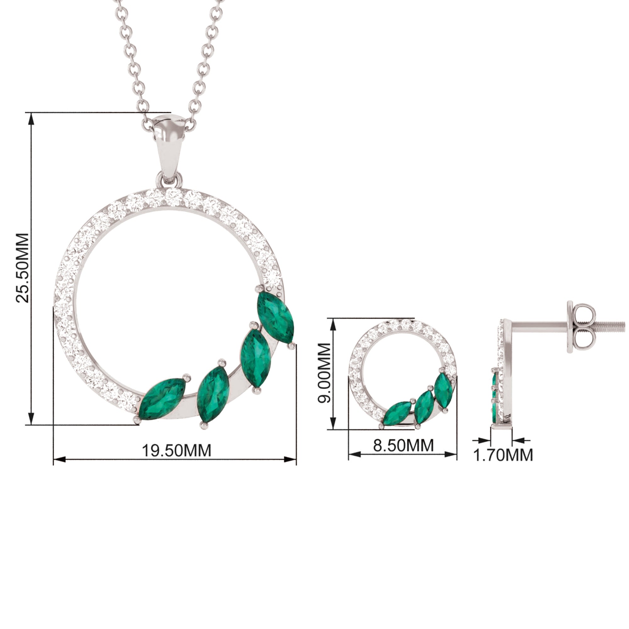 Natural Emerald Circle Necklace and Earrings Set with Diamond