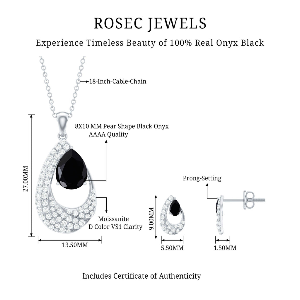 Natural Black Onyx Teardrop Necklace and Earrings Set with Certificate