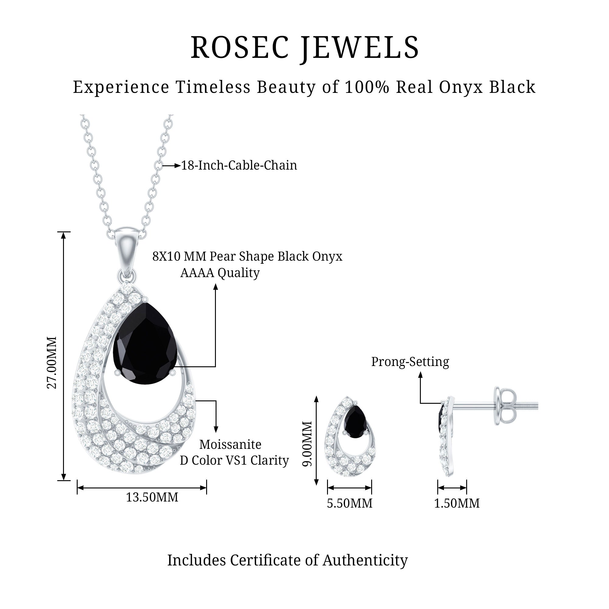 Natural Black Onyx Teardrop Necklace and Earrings Set with Certificate