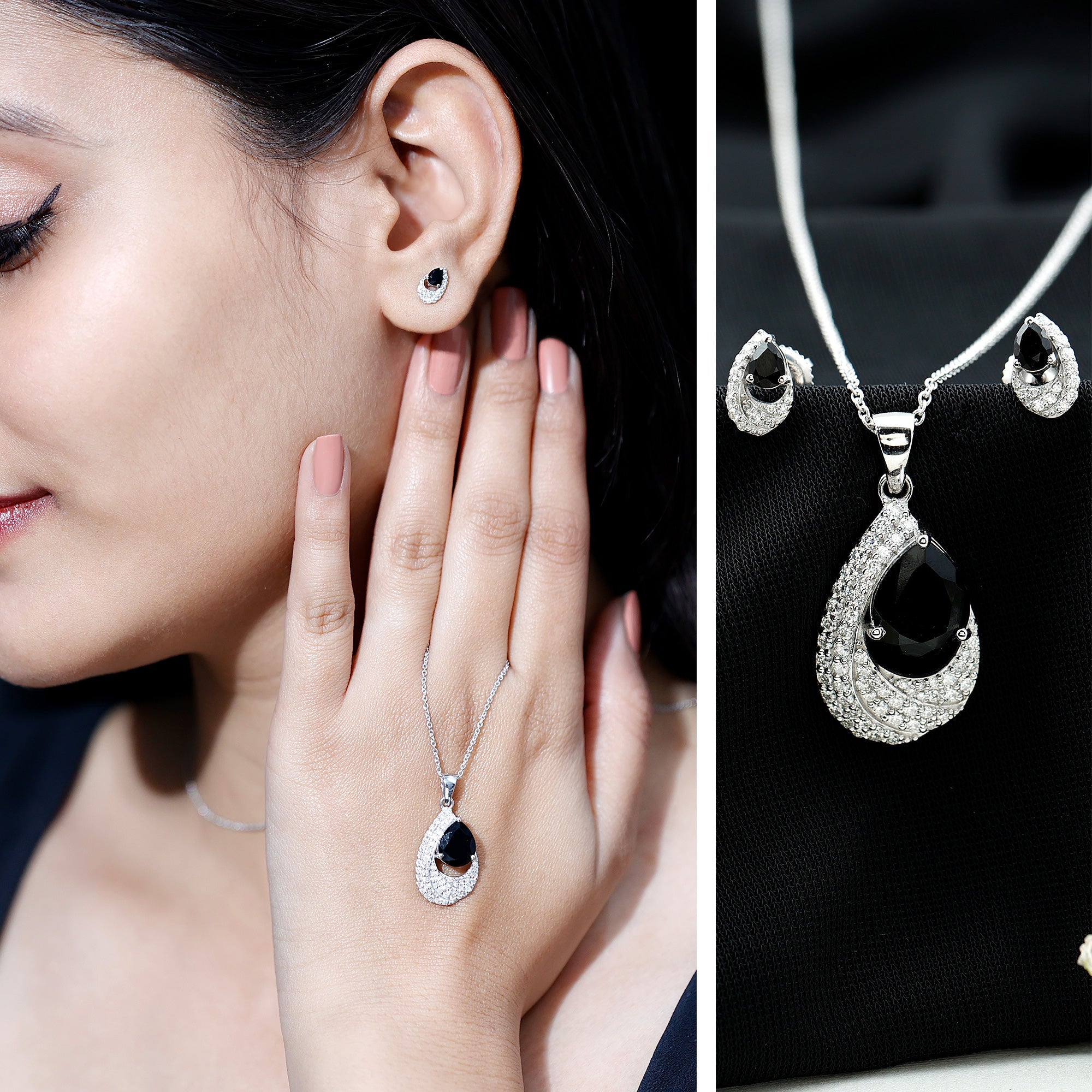 Natural Black Onyx Teardrop Necklace and Earrings Set with Certificate