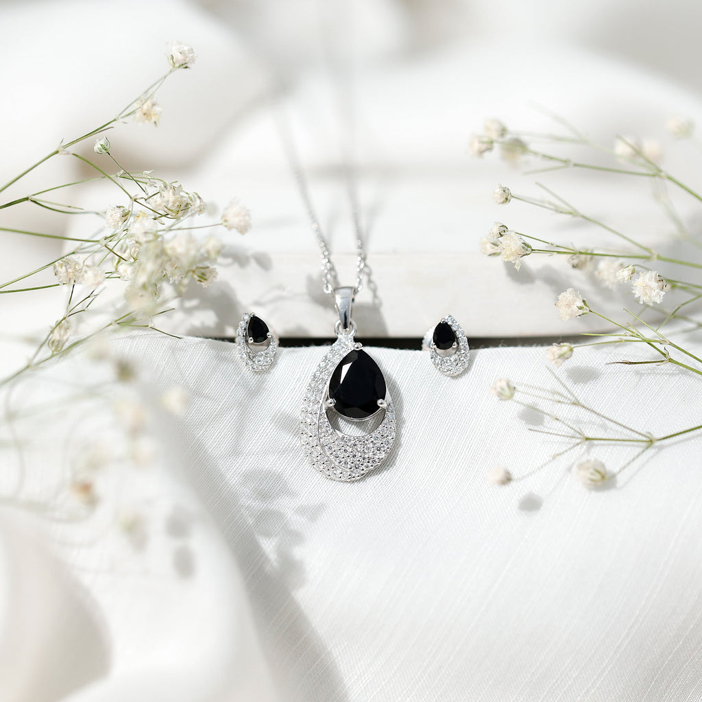 Natural Black Onyx Teardrop Necklace and Earrings Set with Certificate
