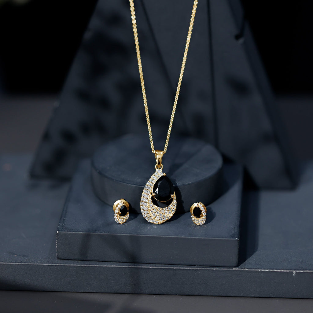 Natural Black Onyx Teardrop Necklace and Earrings Set with Certificate
