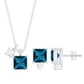 Real London Blue Topaz and Moissanite Two Stone Pendant Earrings Set