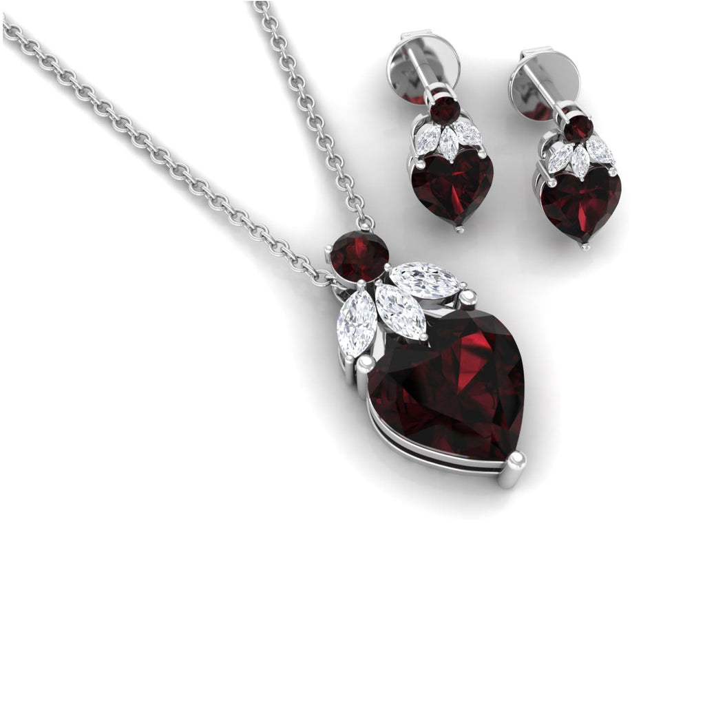 Heart Garnet Necklace and Earrings Set with Diamond