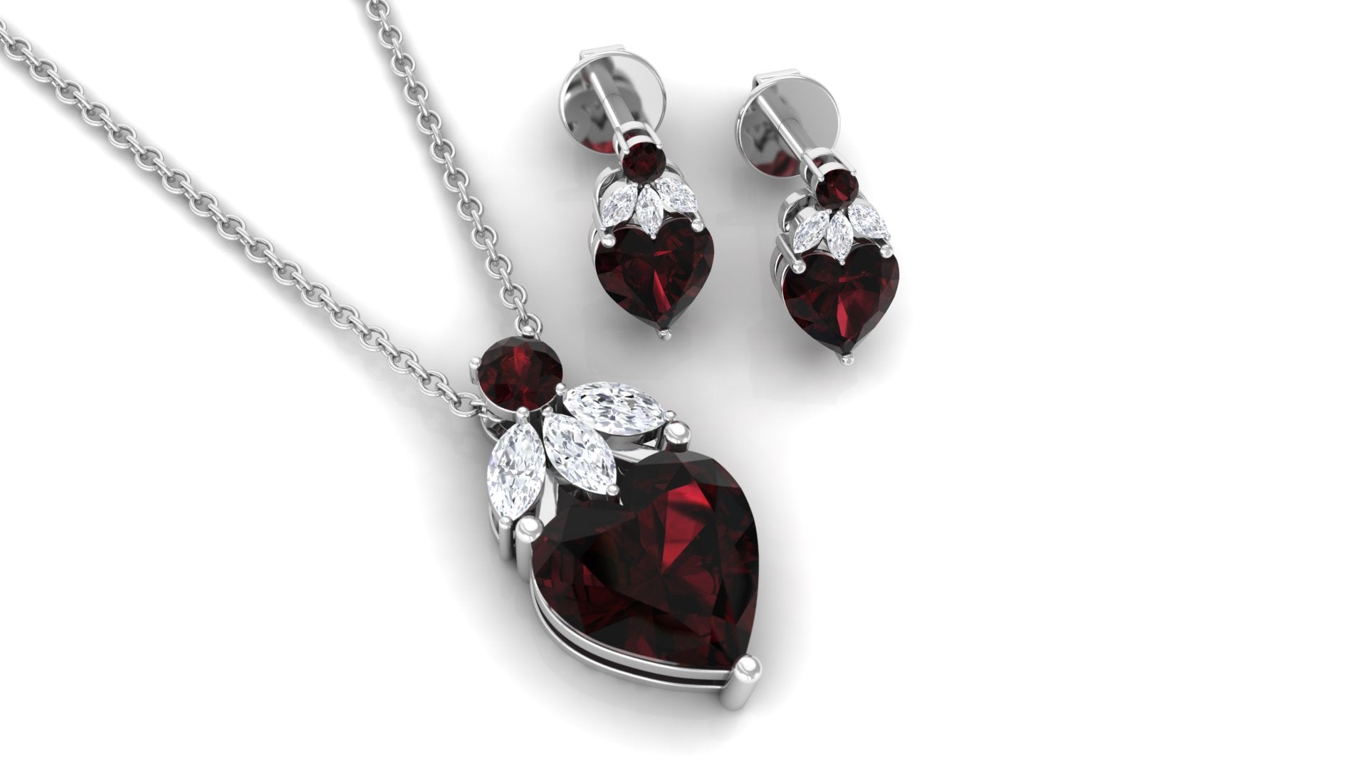 Heart Garnet Necklace and Earrings Set with Diamond