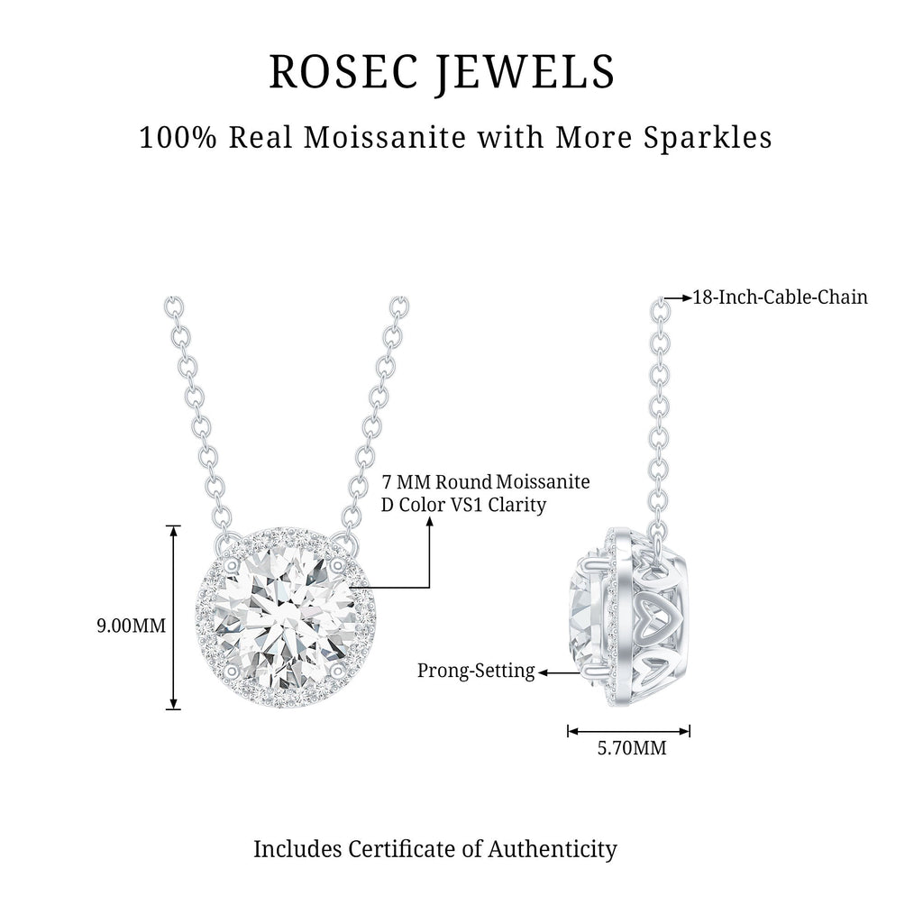 Certified Moissanite Halo Pendant Necklace in Prong Setting