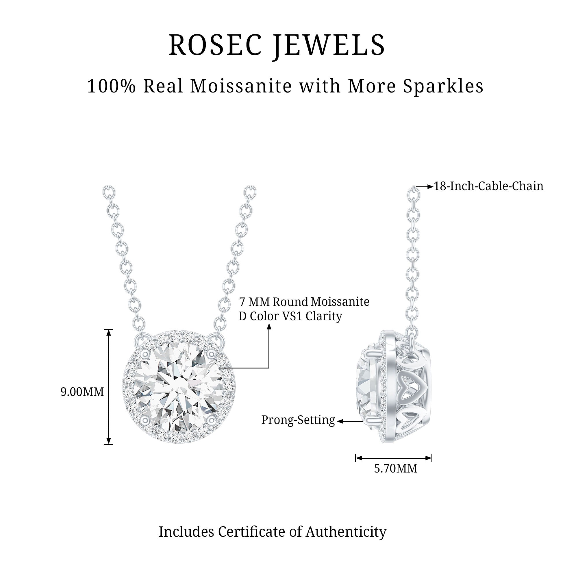 Certified Moissanite Halo Pendant Necklace in Prong Setting