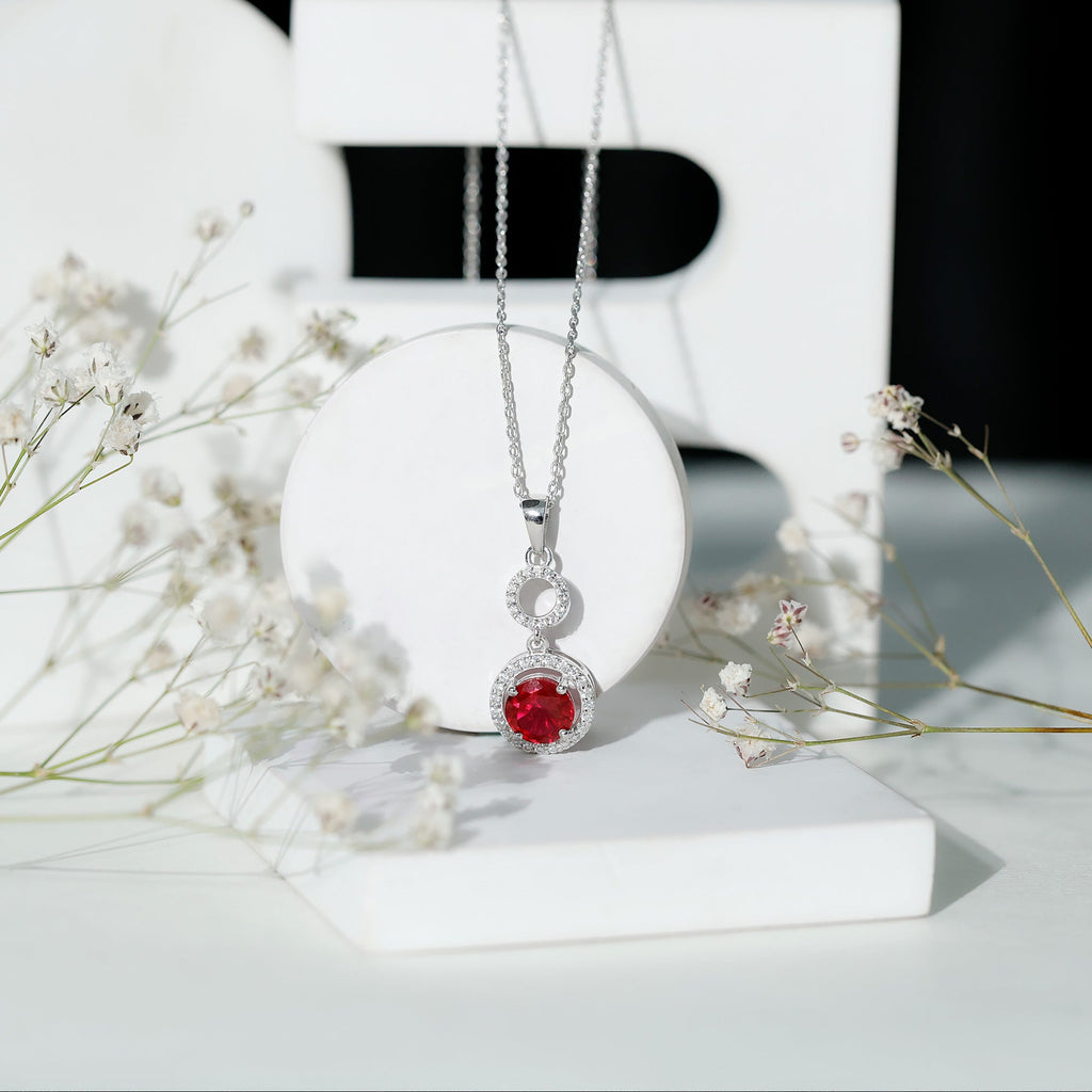 Lab Grown Ruby Dangle Necklace with Moissanite Halo