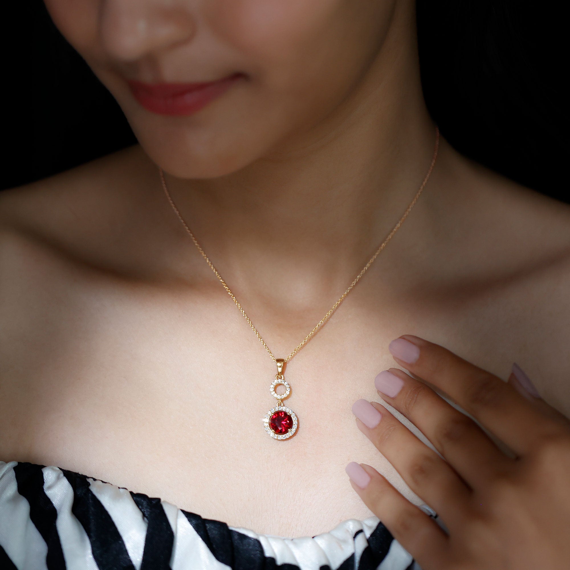 Lab Grown Ruby Dangle Necklace with Moissanite Halo