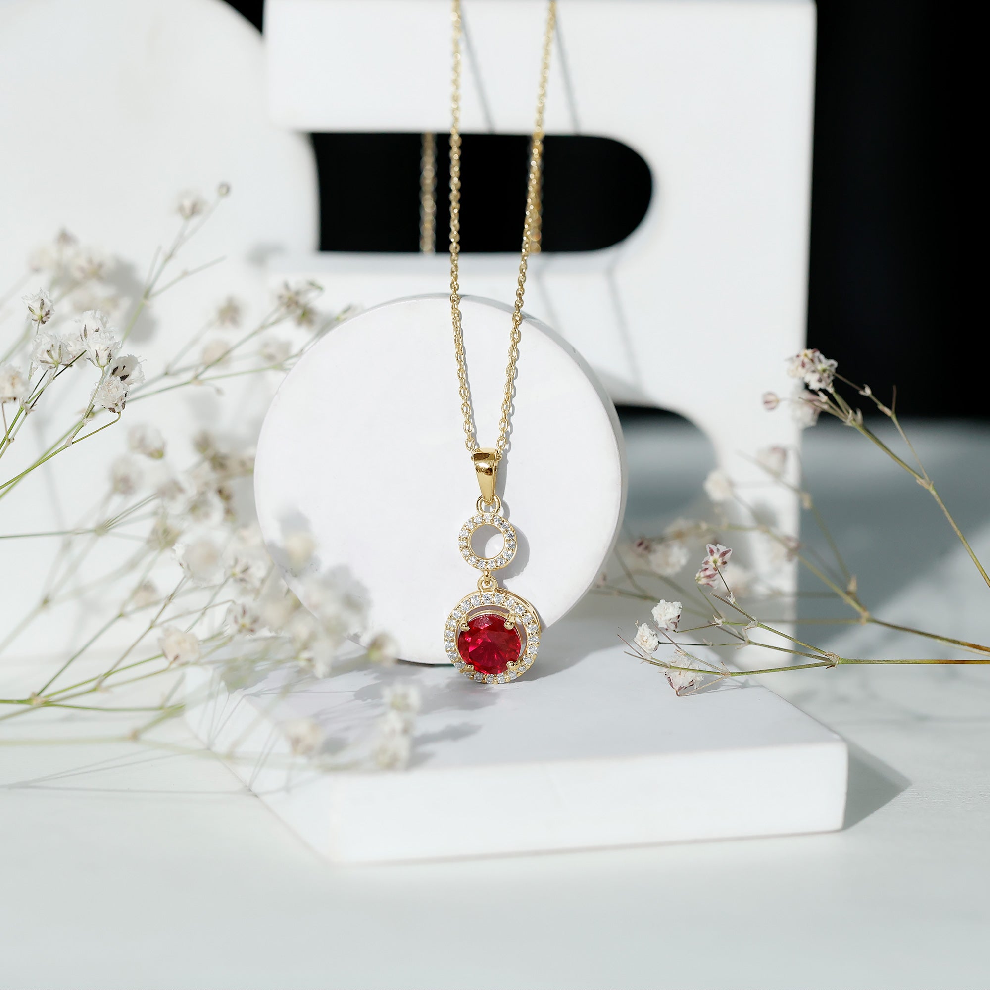 Lab Grown Ruby Dangle Necklace with Moissanite Halo