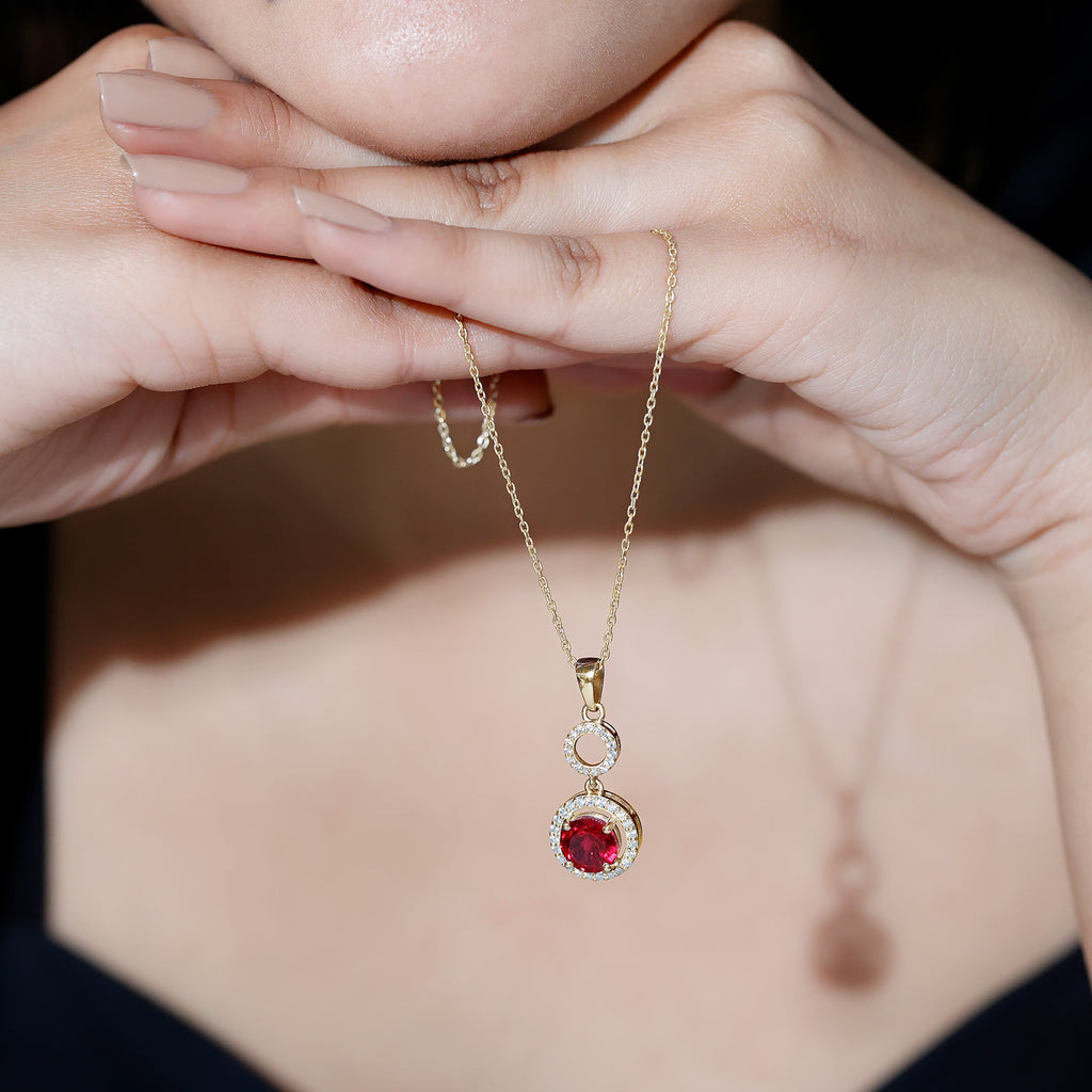 Lab Grown Ruby Dangle Necklace with Moissanite Halo