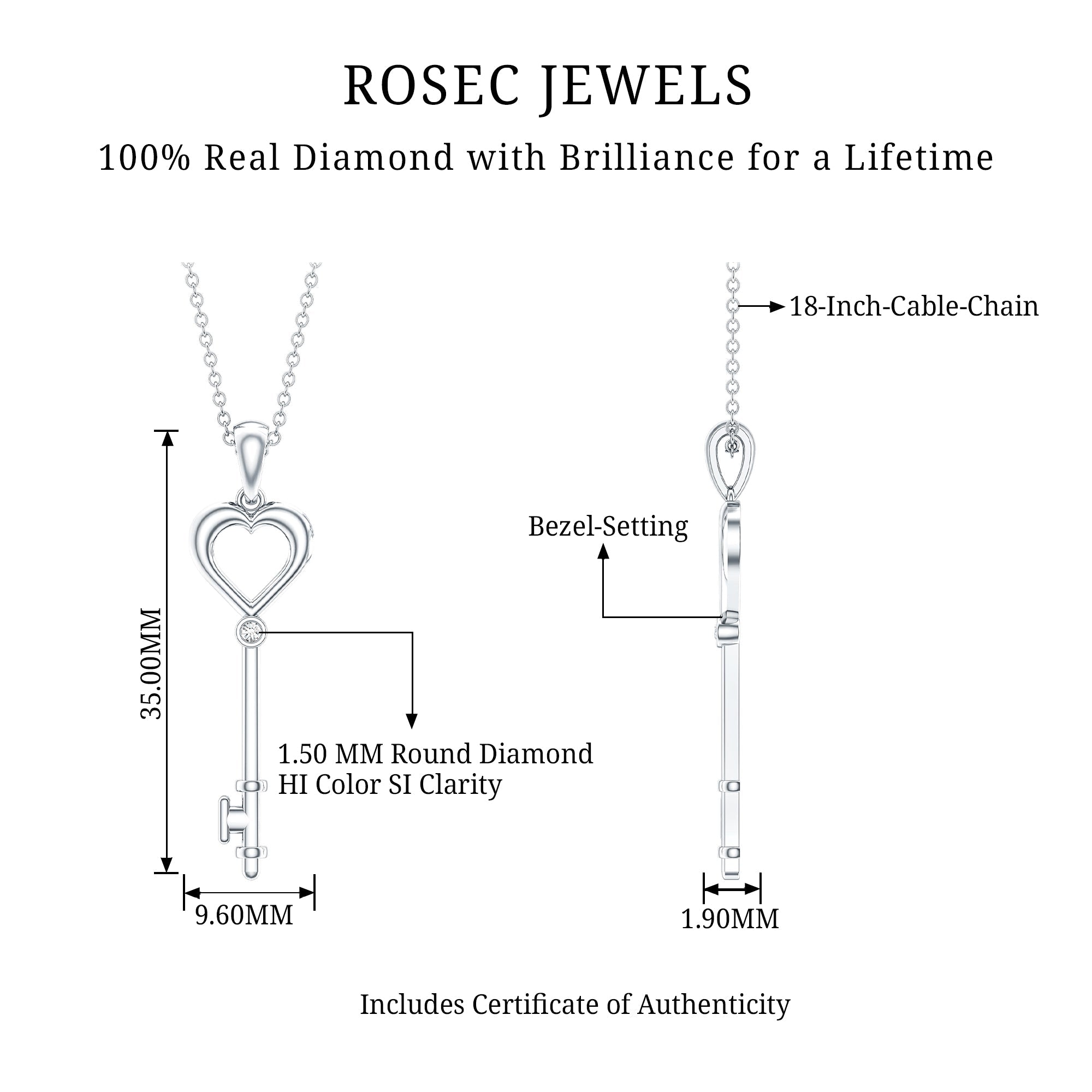 Diamond Heart Key Pendant Necklace For Women
