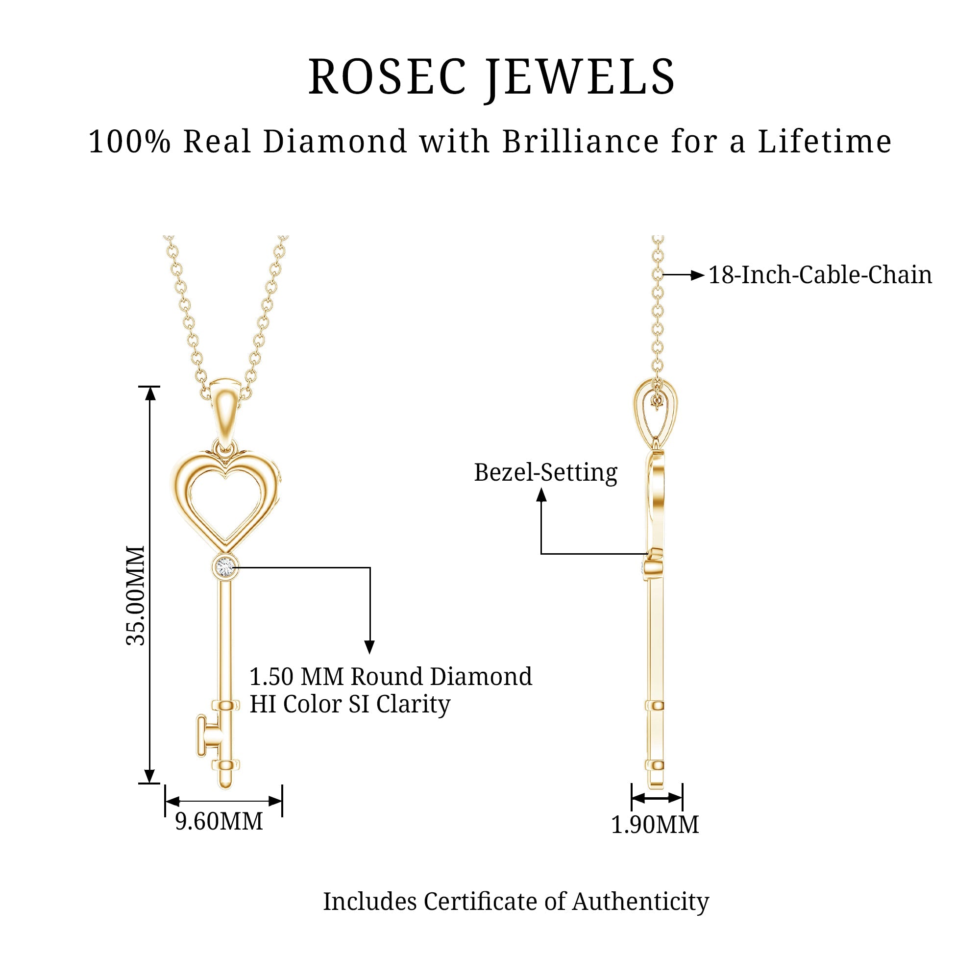 Diamond Heart Key Pendant Necklace For Women