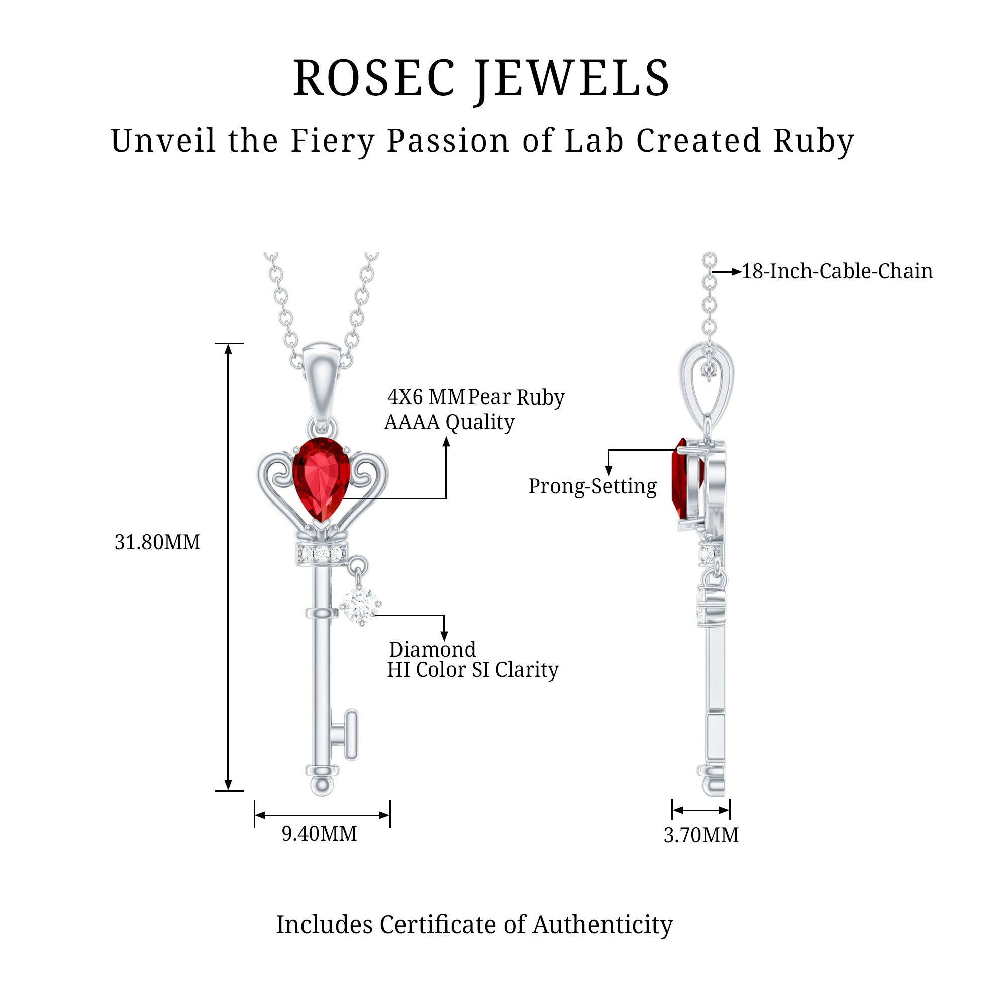 Vintage Inspired Lab Grown Ruby and Diamond Key Pendant Necklace