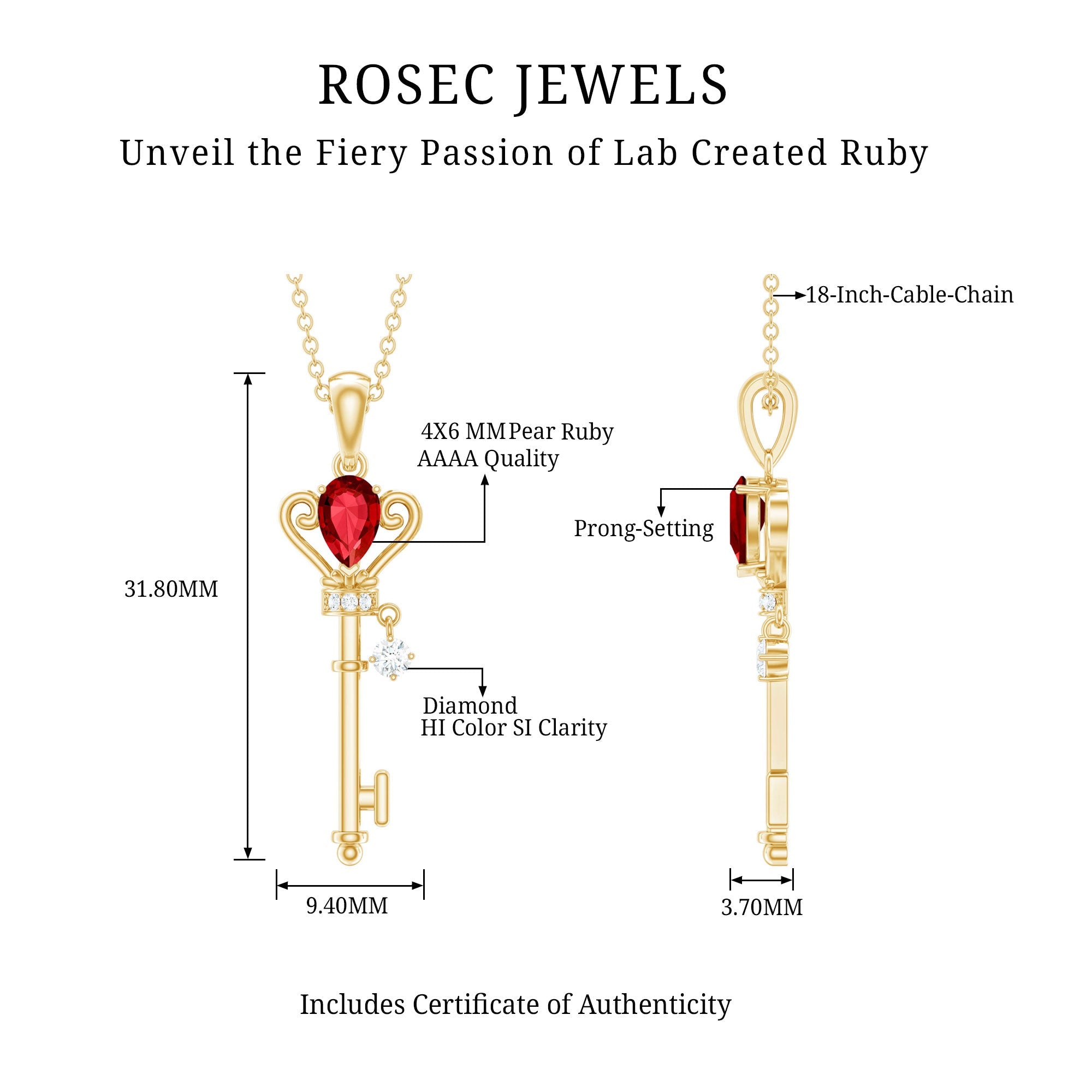 Vintage Inspired Lab Grown Ruby and Diamond Key Pendant Necklace