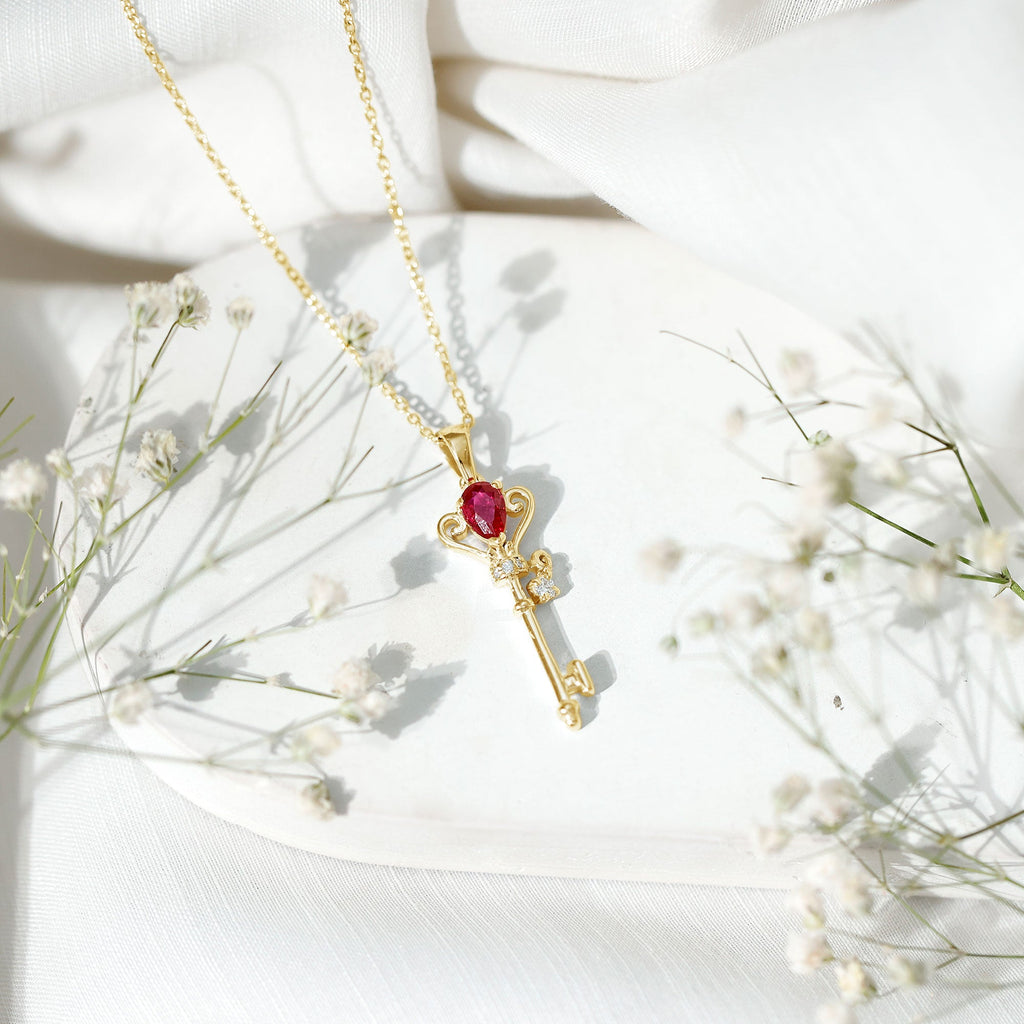 Vintage Inspired Lab Grown Ruby and Diamond Key Pendant Necklace