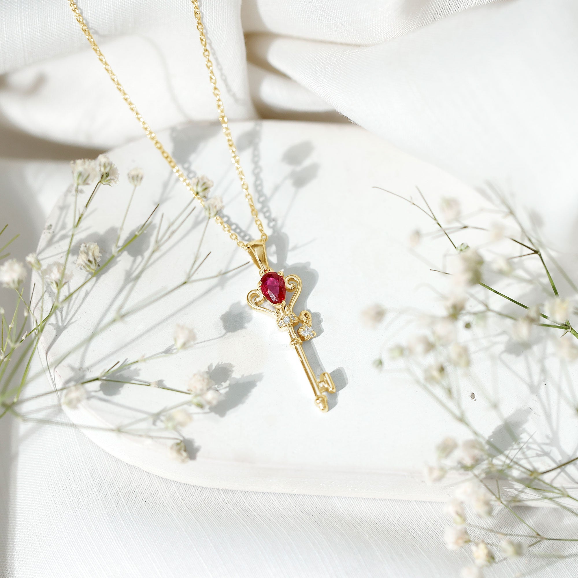 Vintage Inspired Lab Grown Ruby and Diamond Key Pendant Necklace