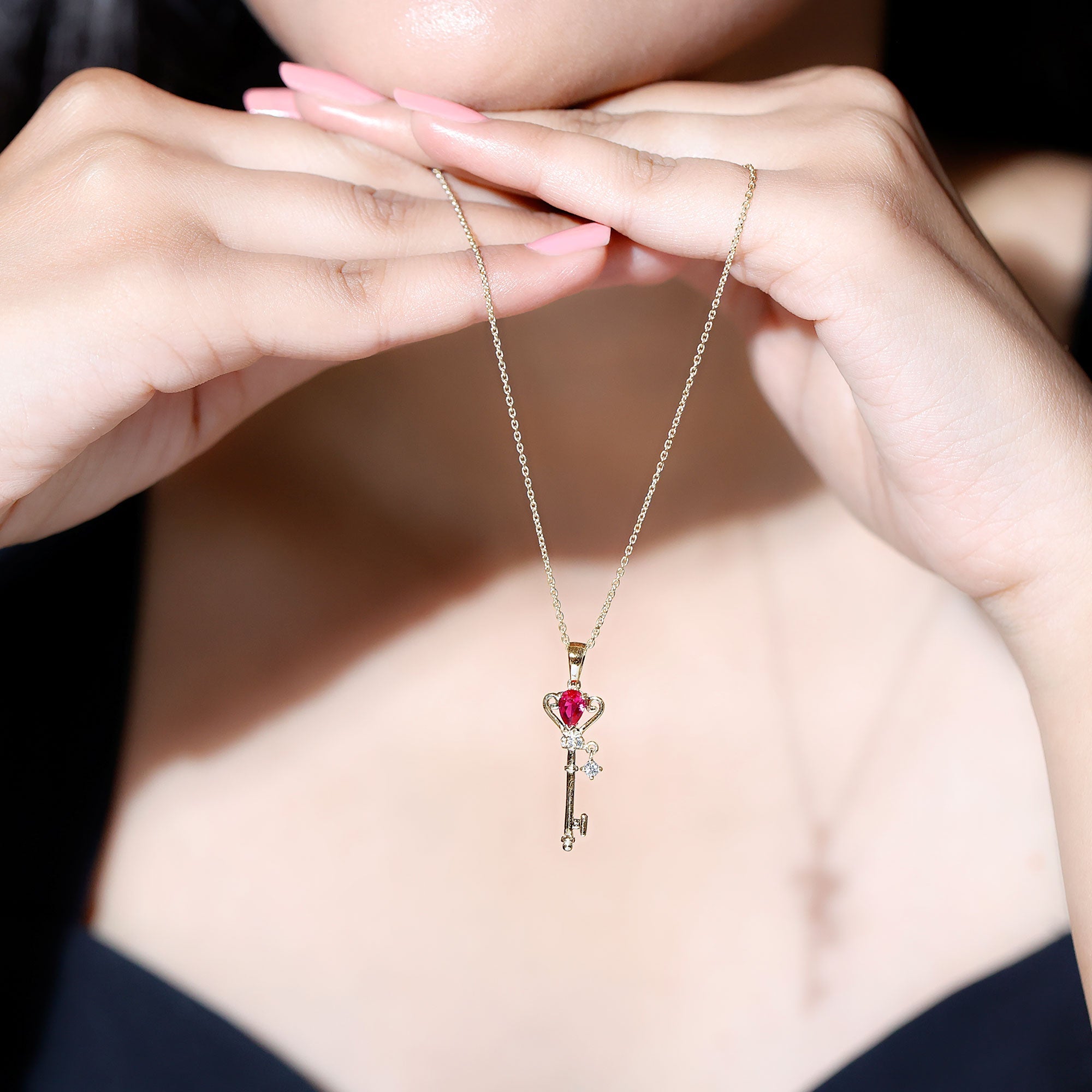 Vintage Inspired Lab Grown Ruby and Diamond Key Pendant Necklace