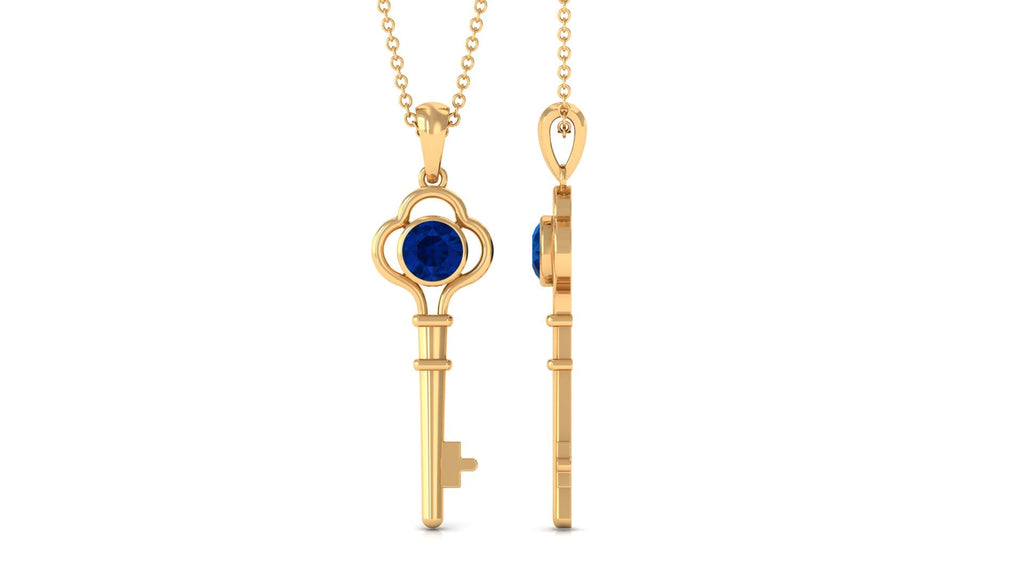 Natural 0.9 Carat Blue Sapphire Key Pendant Necklace for Women