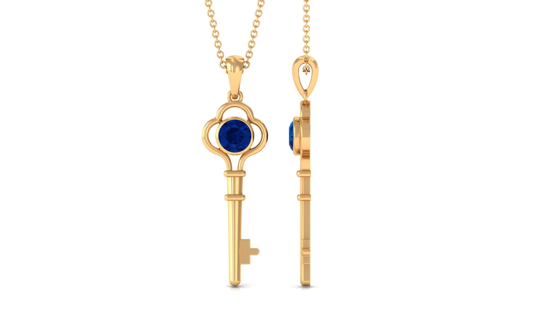 Natural 0.9 Carat Blue Sapphire Key Pendant Necklace for Women