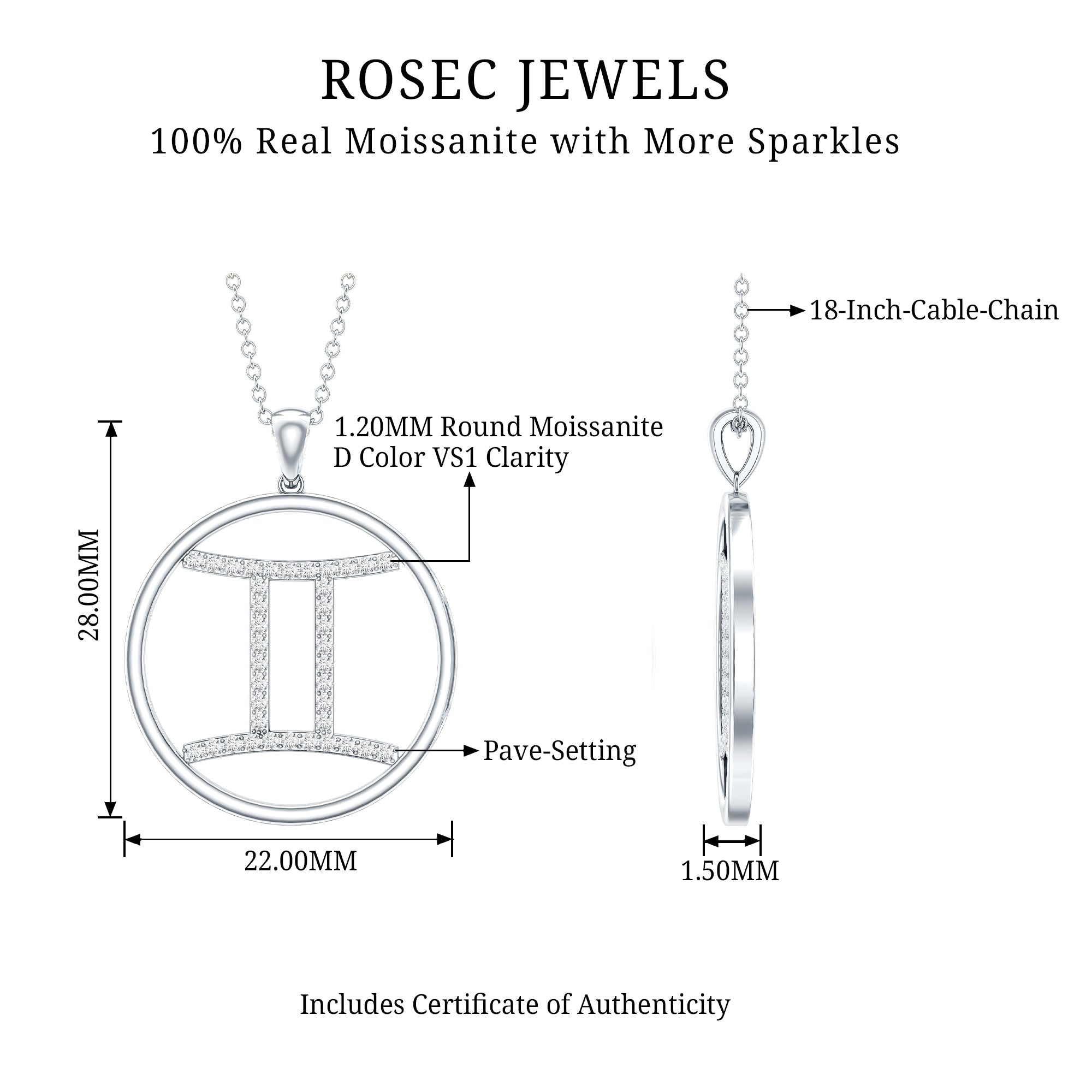 Certified Moissanite Gemini Zodiac Sign Pendant Necklace