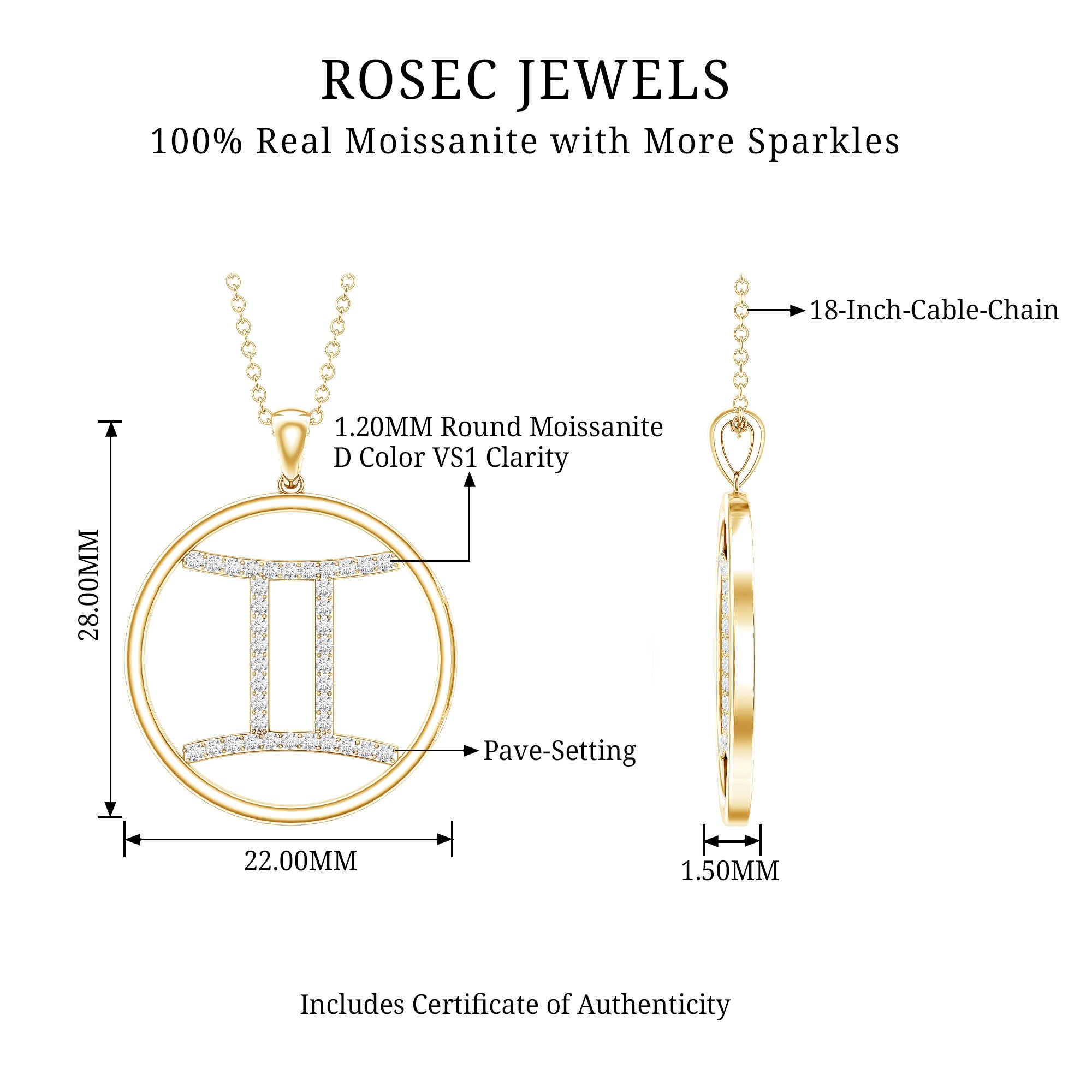 Certified Moissanite Gemini Zodiac Sign Pendant Necklace