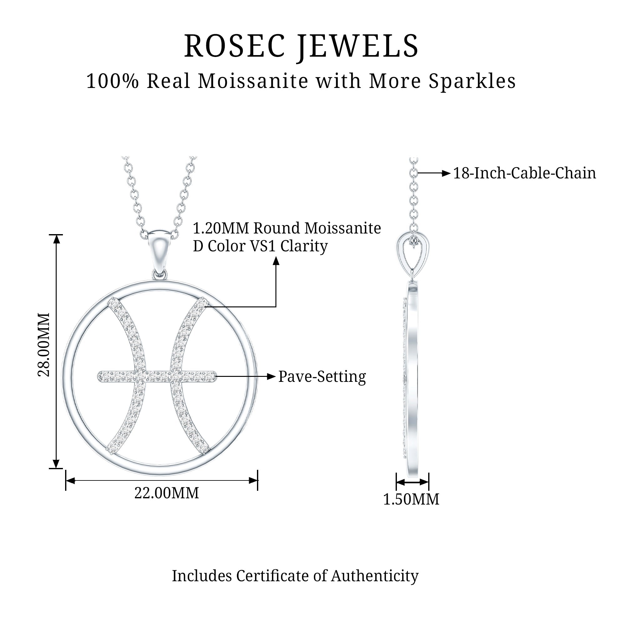 Certified Moissanite Pisces Zodiac Sign Pendant Necklace