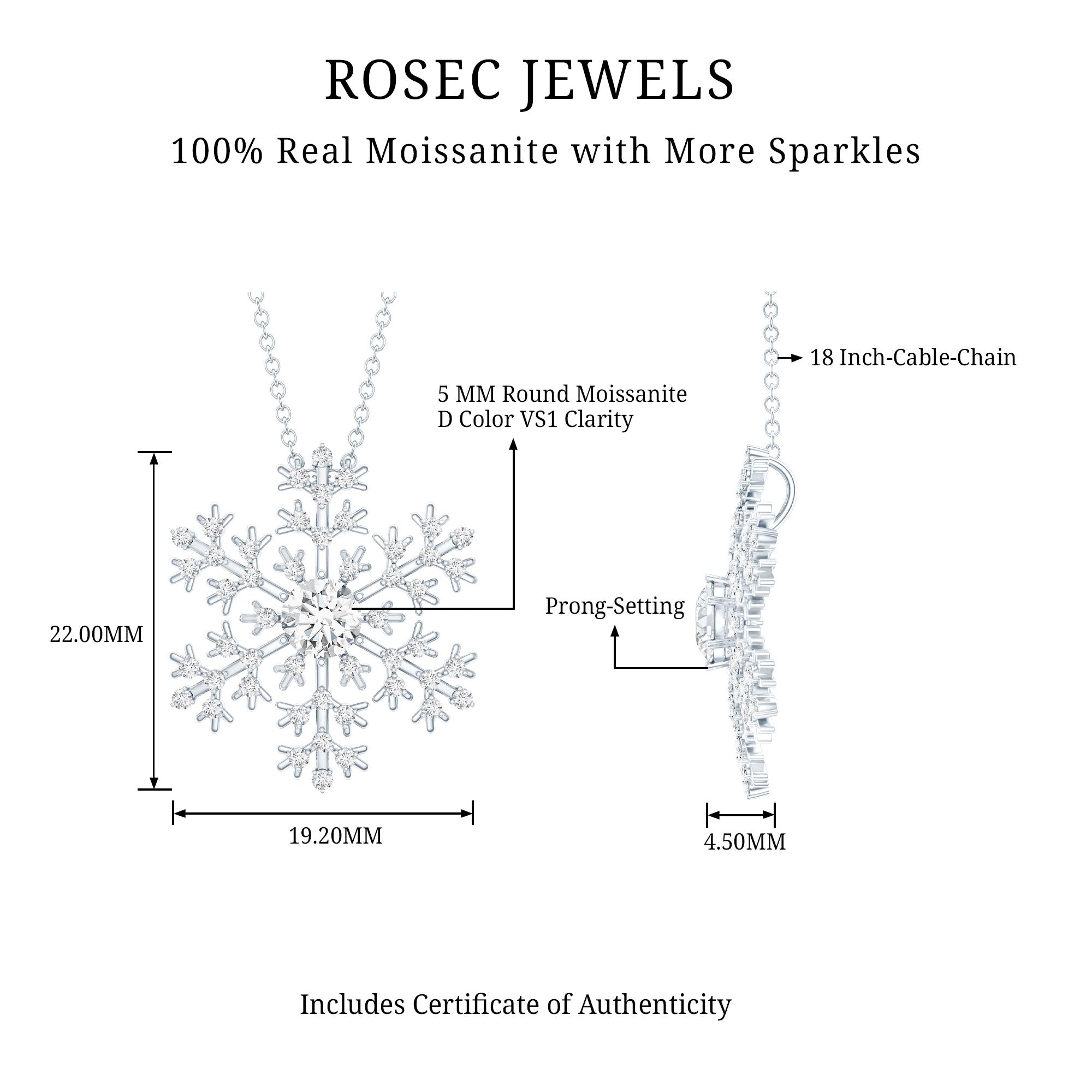 Certified Moissanite Snowflake Pendant Necklace With Chain