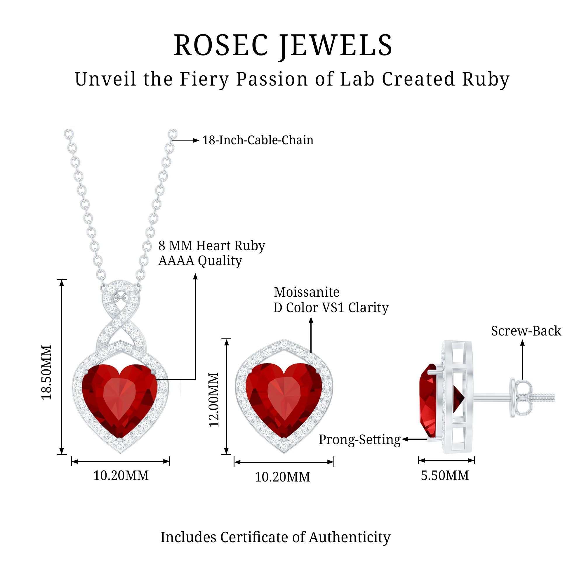 6 Carat Heart Shape Lab Created Ruby Pendant and Earrings Set