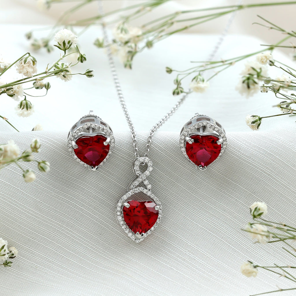 6 Carat Heart Shape Lab Created Ruby Pendant and Earrings Set