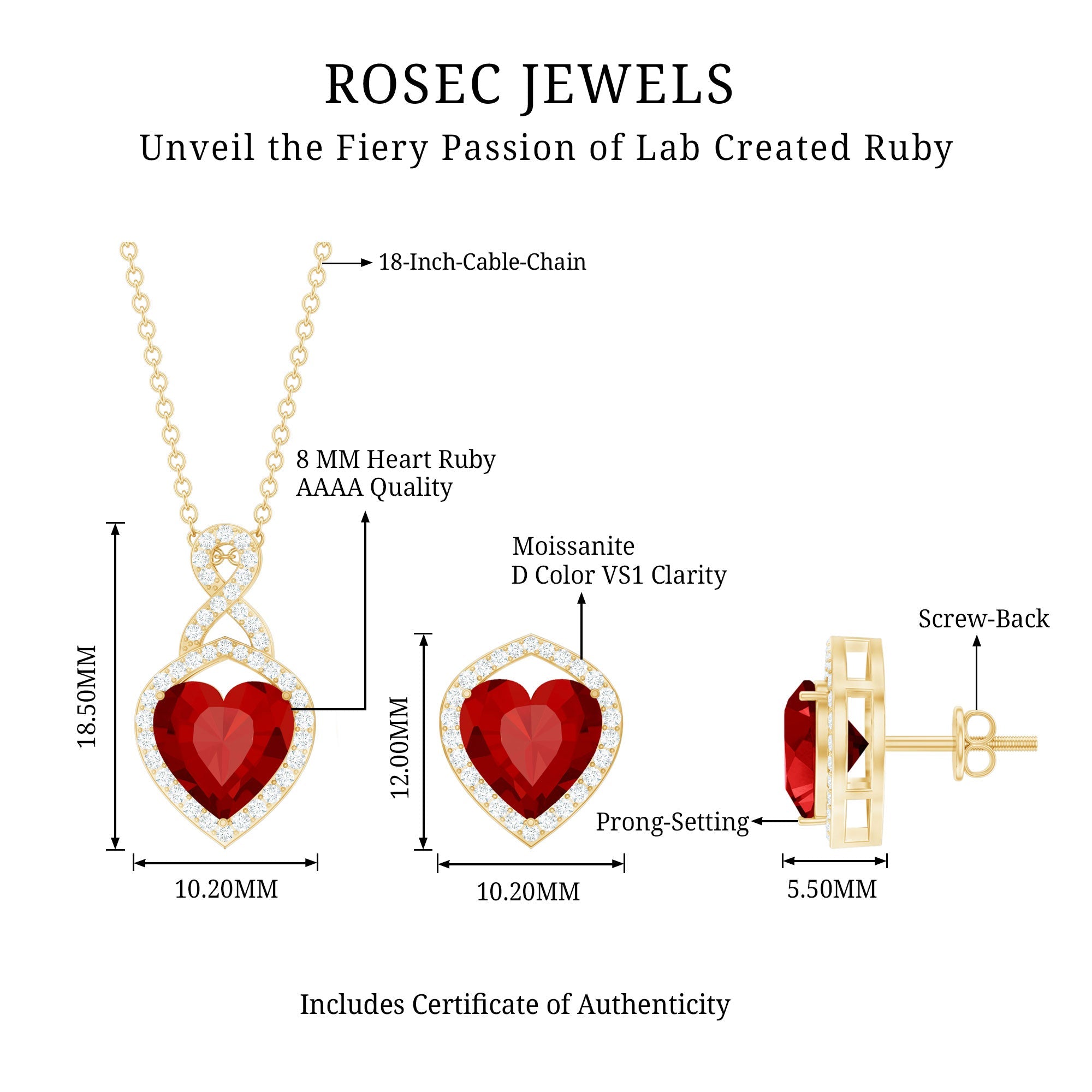 6 Carat Heart Shape Lab Created Ruby Pendant and Earrings Set
