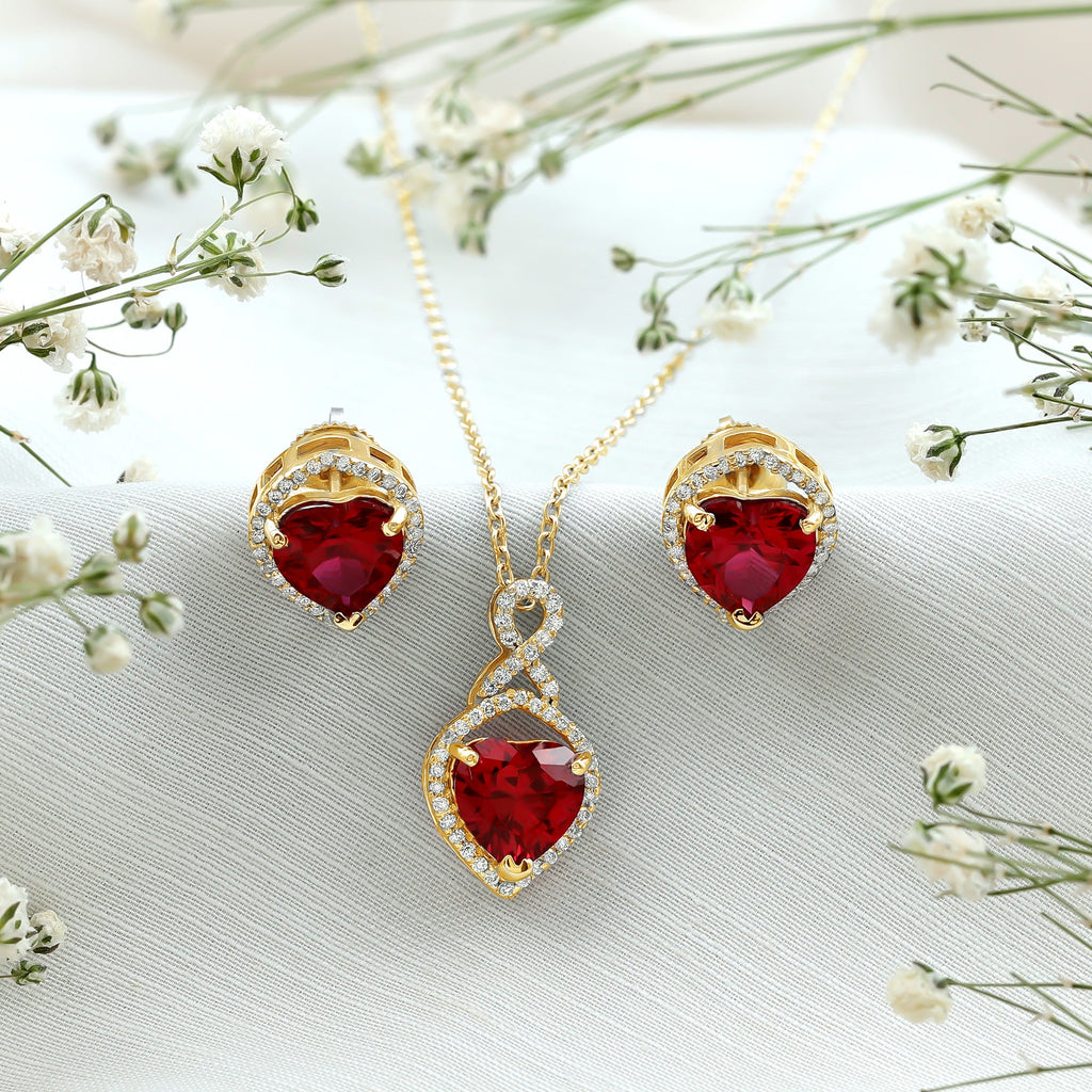 6 Carat Heart Shape Lab Created Ruby Pendant and Earrings Set
