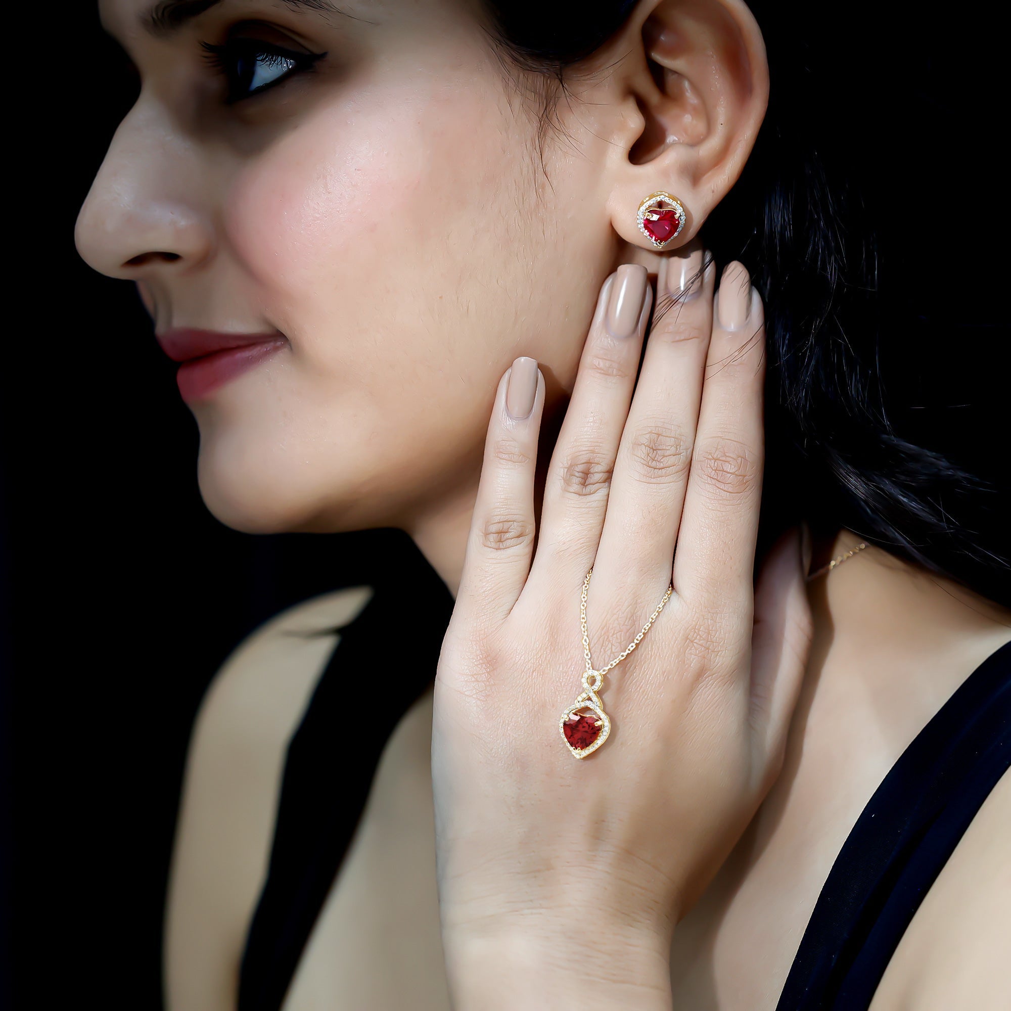 6 Carat Heart Shape Lab Created Ruby Pendant and Earrings Set