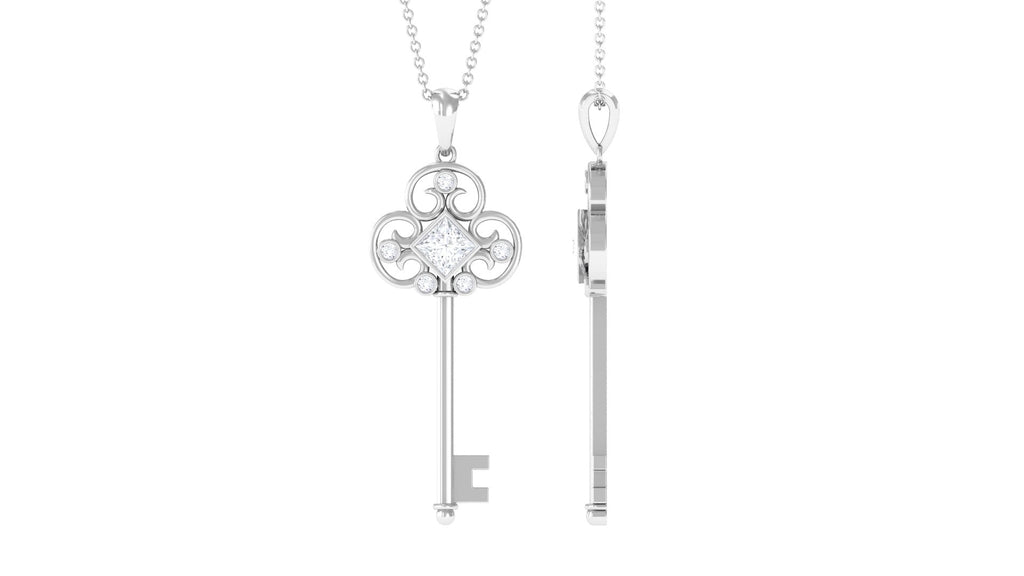 Princess Cut Moissanite Vintage Key Pendant Necklace