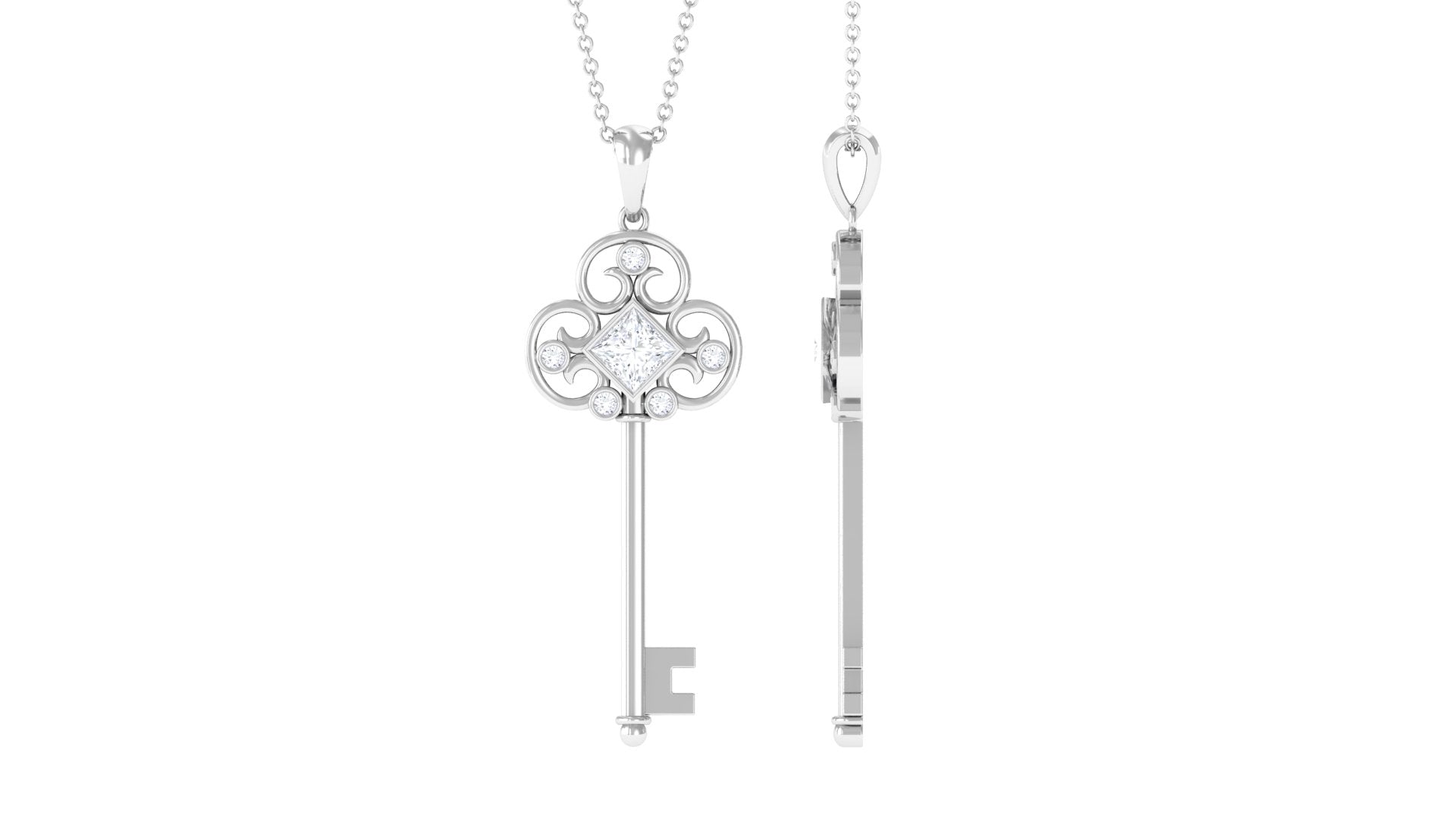 Princess Cut Moissanite Vintage Key Pendant Necklace