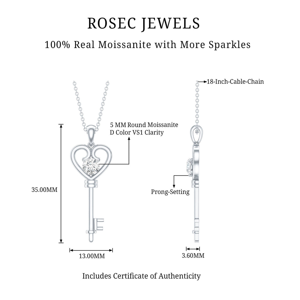 Certified Moissanite Heart and Key Pendant Necklace