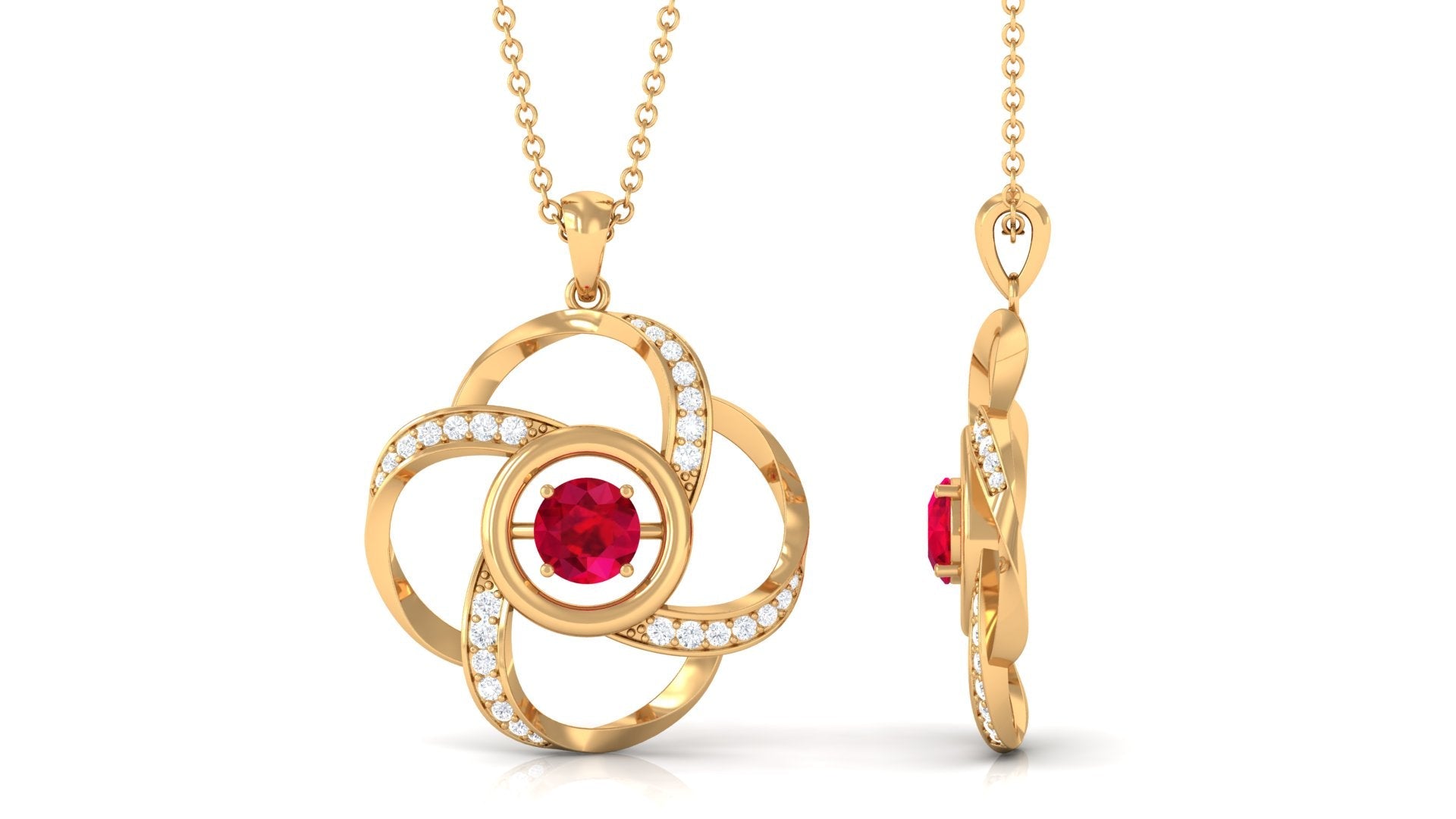 Modern Flower Pendant with Round Created Ruby and Diamond