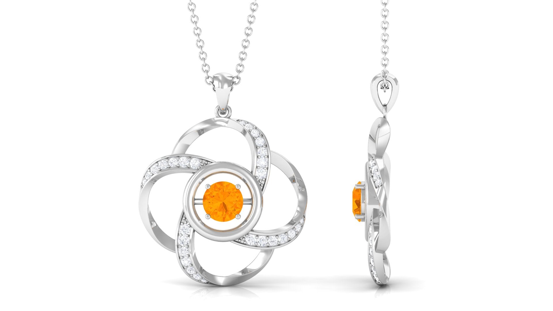 Round Fire Opal Flower Necklace with and Diamond